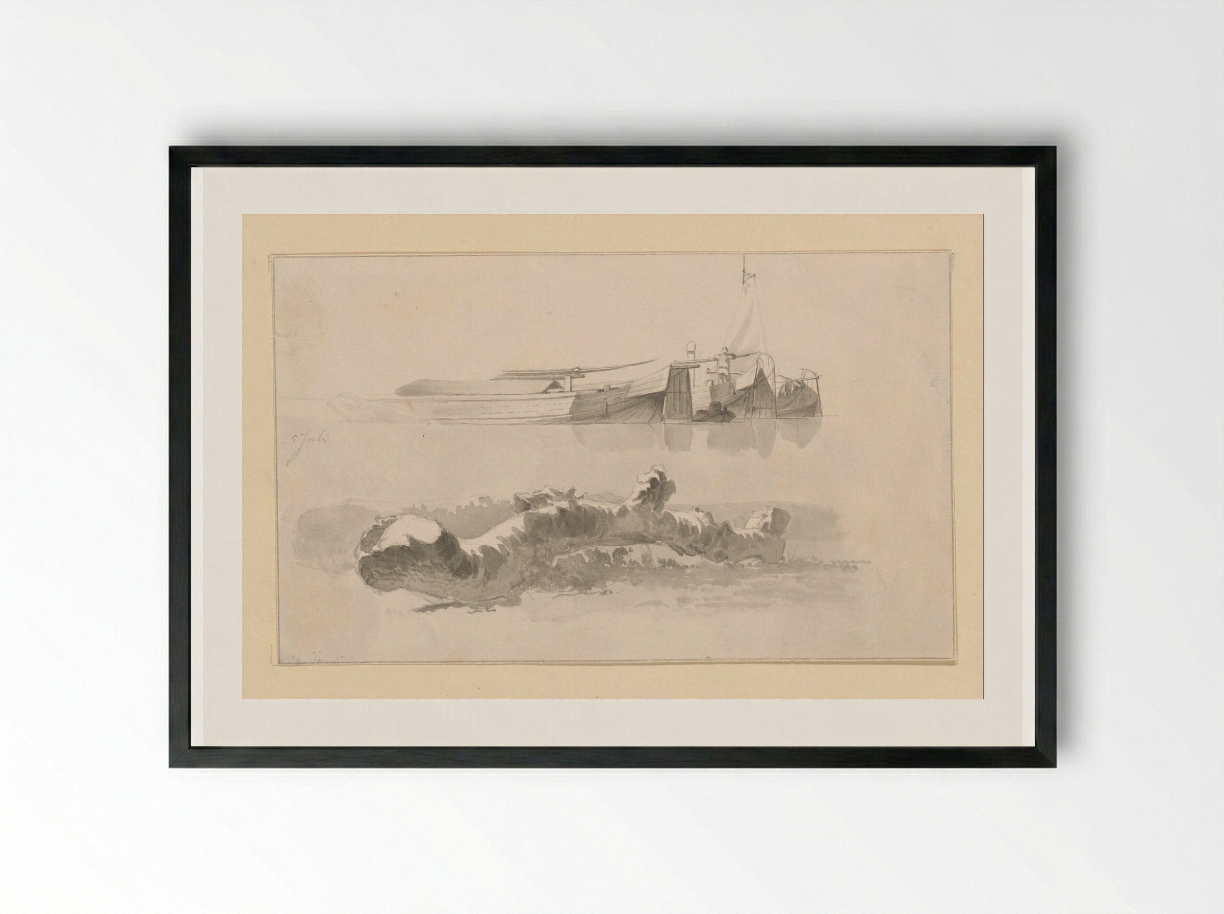Boomstam en enkele schuiten - Hendrik Abraham Klinkhamer - Framed Print Black
