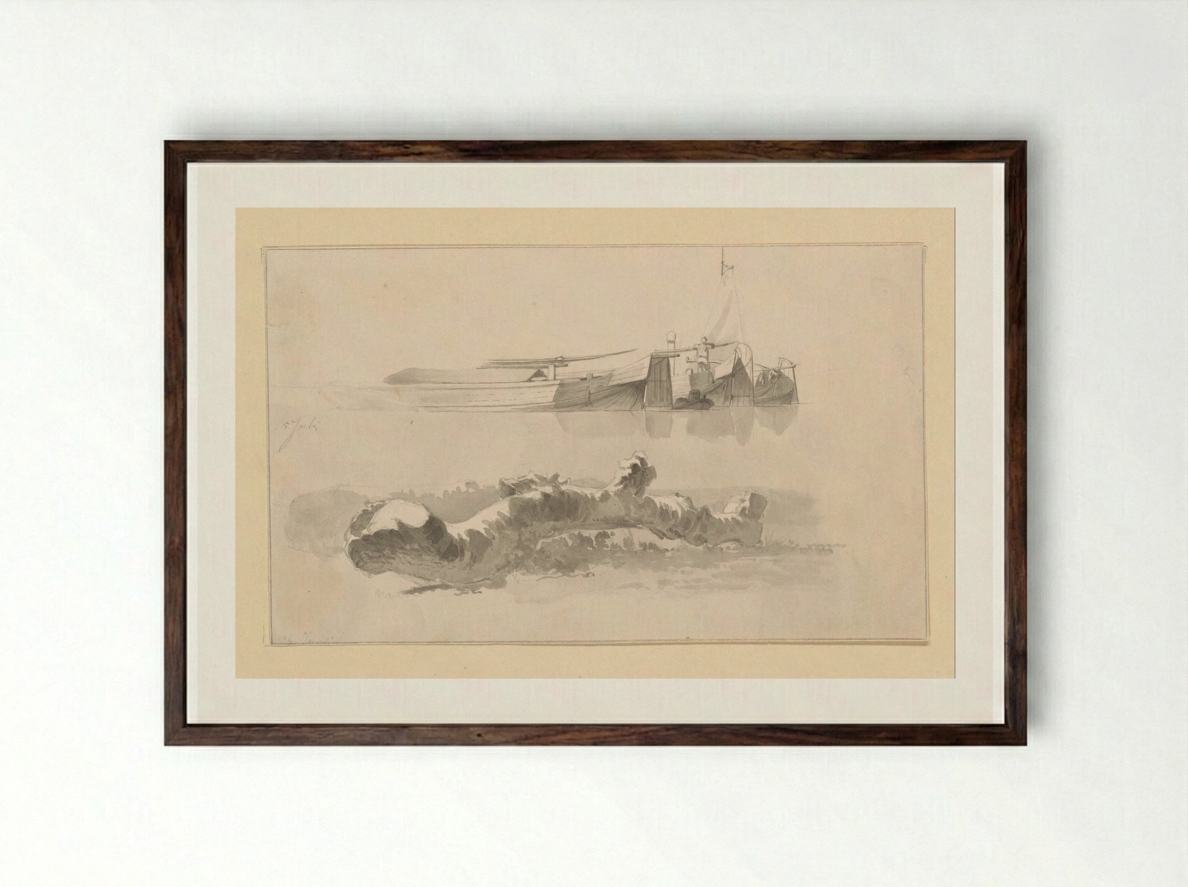 Boomstam en enkele schuiten - Hendrik Abraham Klinkhamer - Framed Print Dark Wood