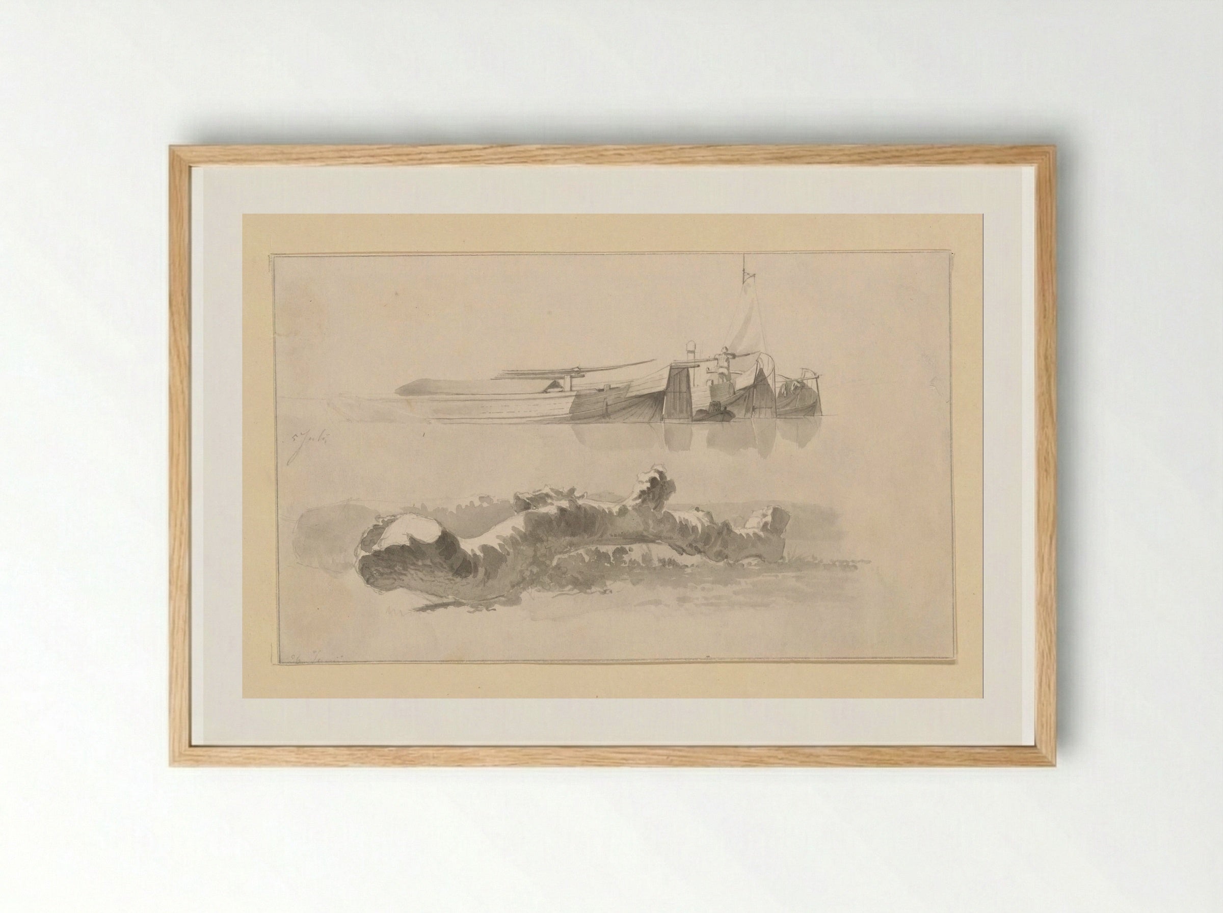 Boomstam en enkele schuiten - Hendrik Abraham Klinkhamer - Framed Print Wood