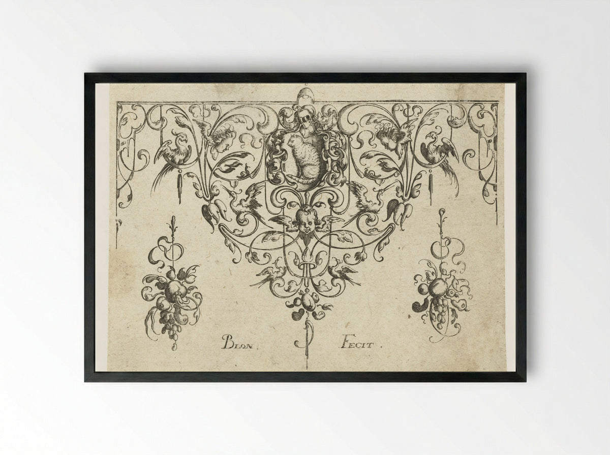 Border with Coat of Arms and Cat - Michiel le Blon - Framed Print Black