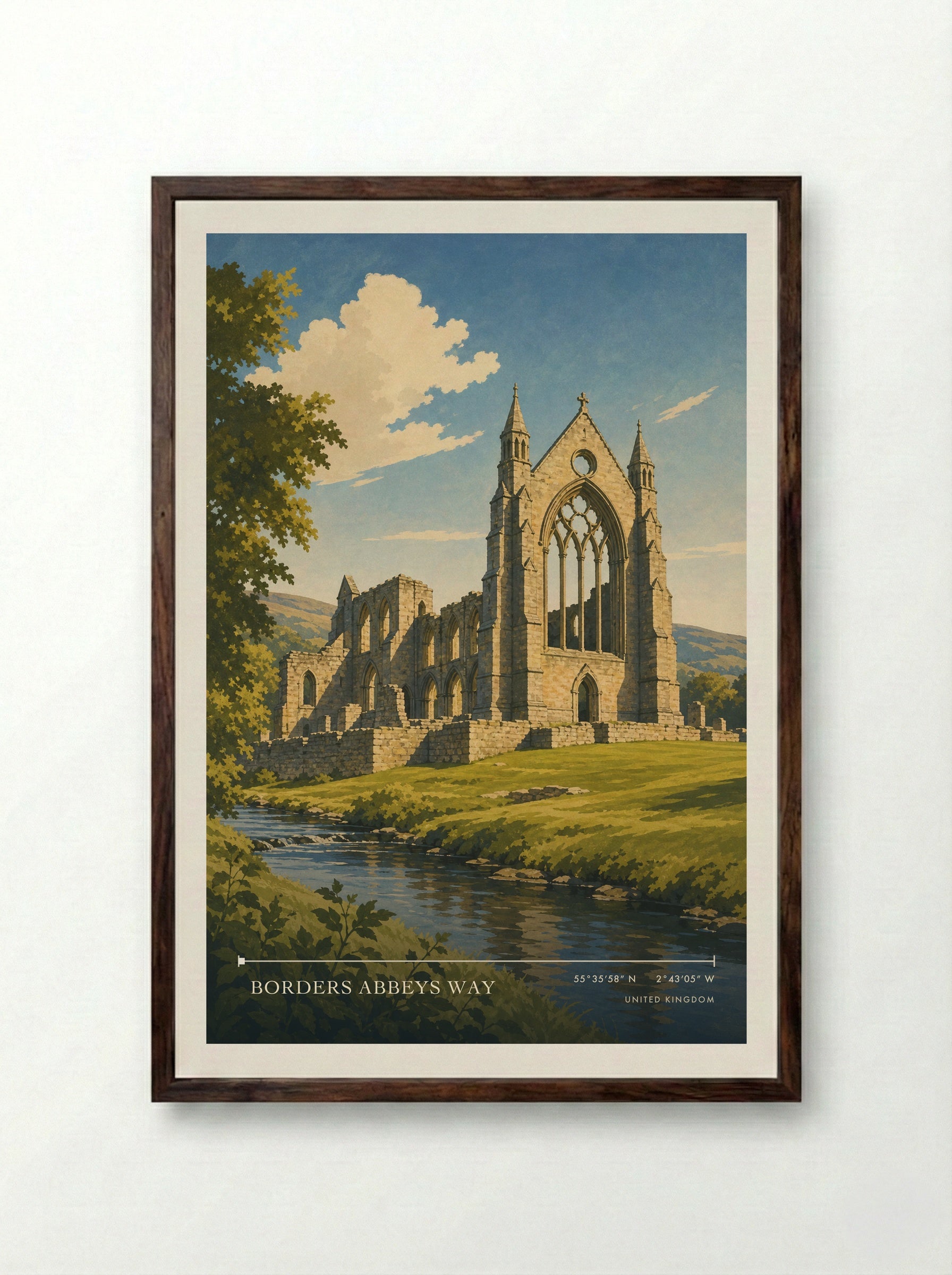 Borders Abbeys Way United Kingdom Travel Poster - Framed Print Dark Wood