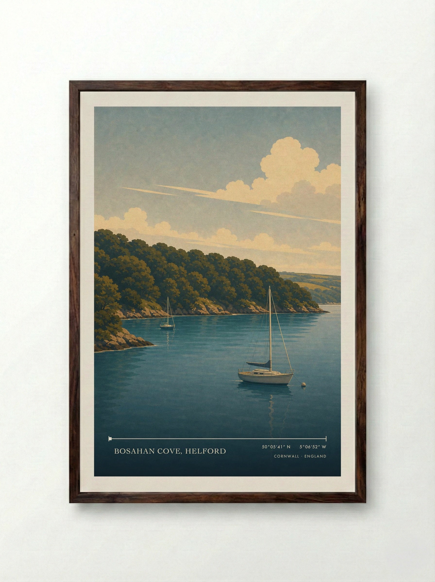 Bosahan Cove, Helford Cornwall England Travel Poster - Framed Print Dark Wood
