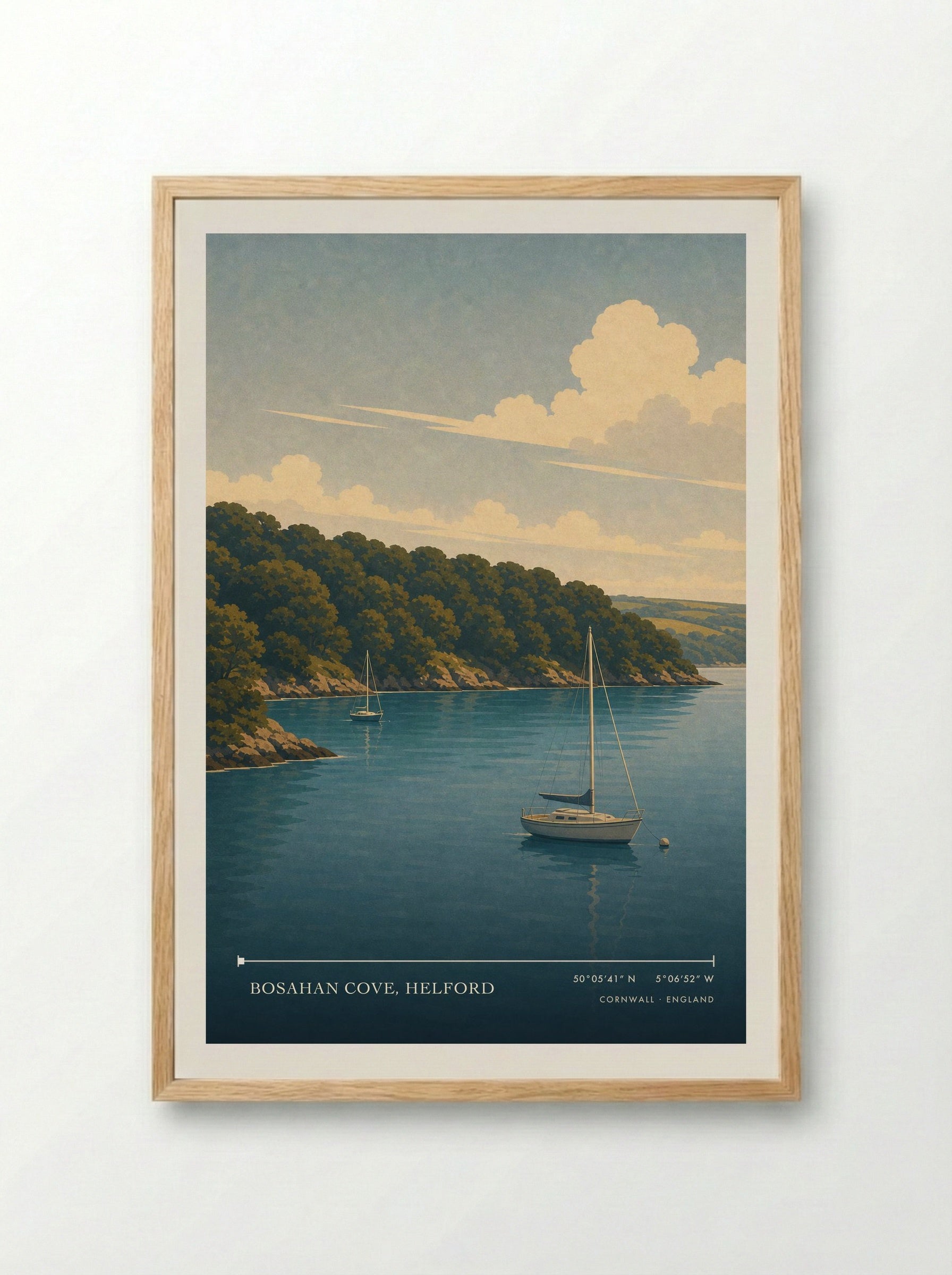 Bosahan Cove, Helford Cornwall England Travel Poster - Framed Print Wood
