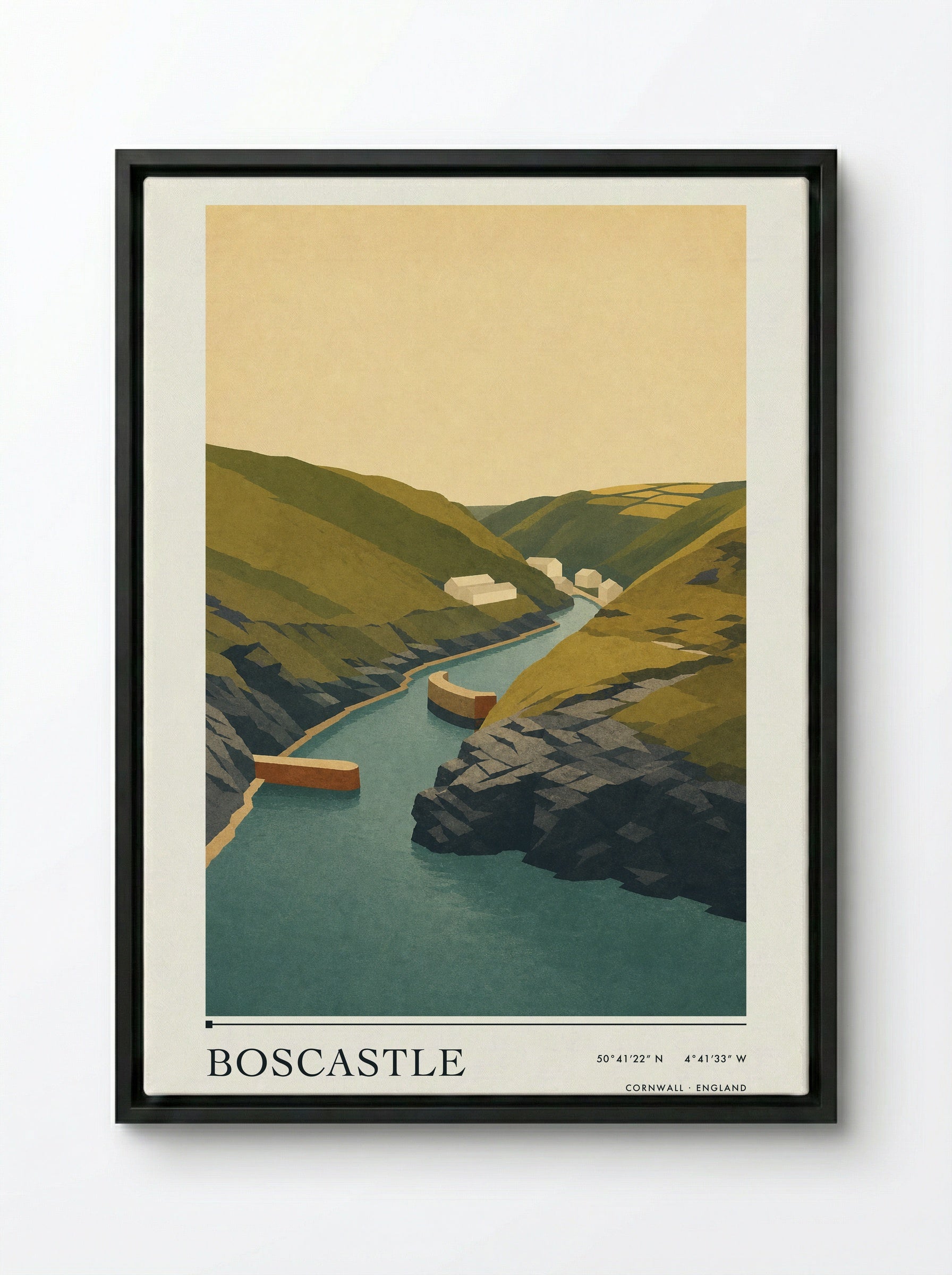 Boscastle Cornwall England Travel Poster - Framed Canvas Black