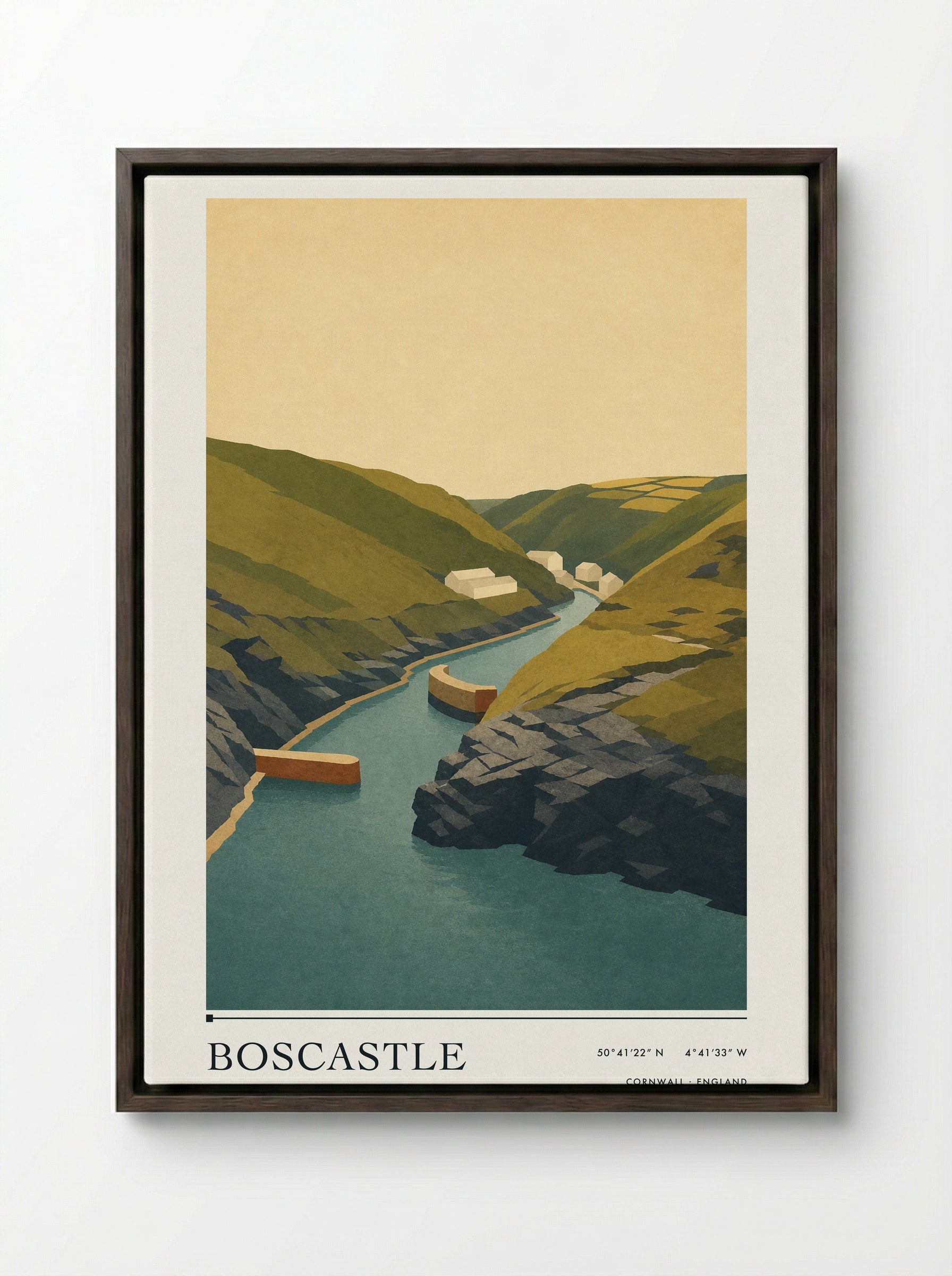 Boscastle Cornwall England Travel Poster - Framed Canvas Dark Wood