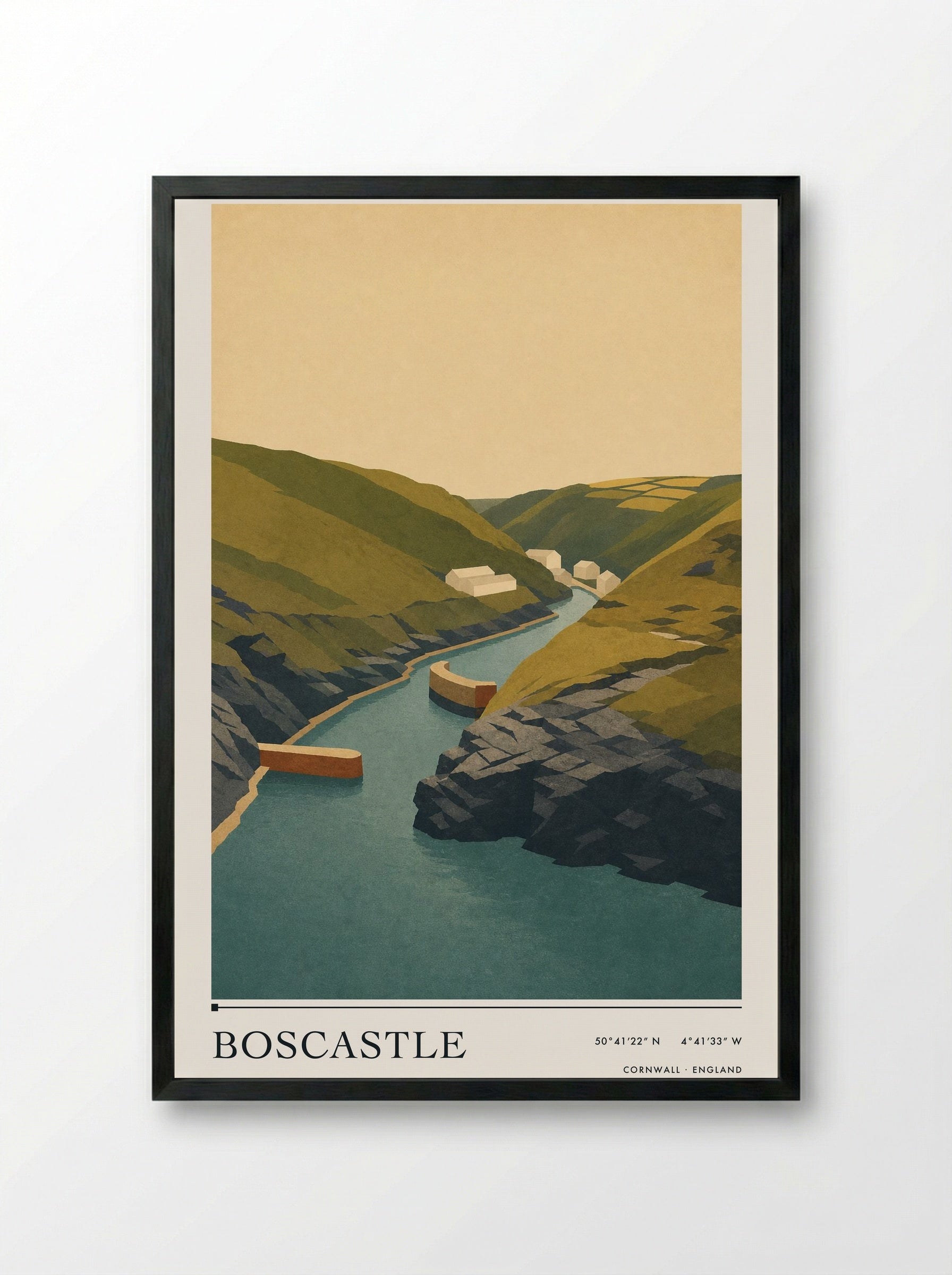 Boscastle Cornwall England Travel Poster - Framed Print Black