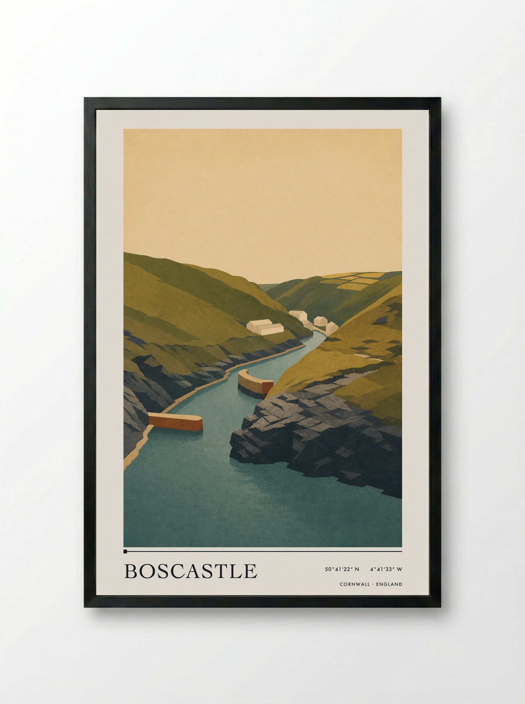 Boscastle Cornwall England Travel Poster - Framed Print Black