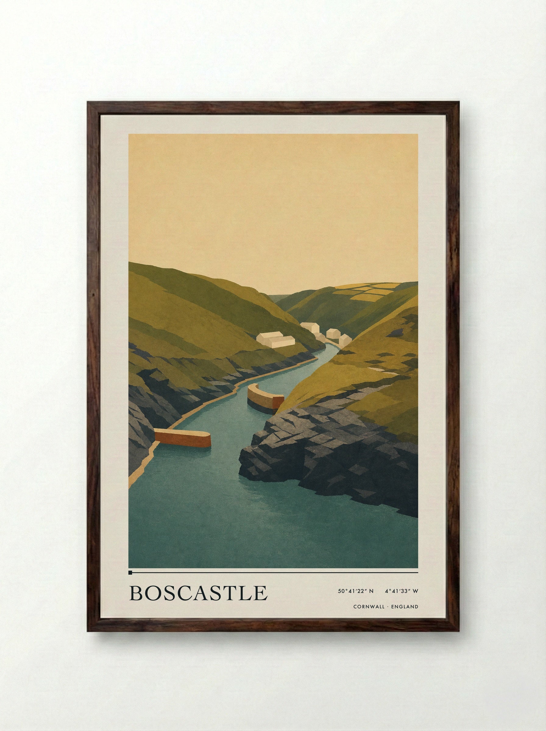 Boscastle Cornwall England Travel Poster - Framed Print Dark Wood
