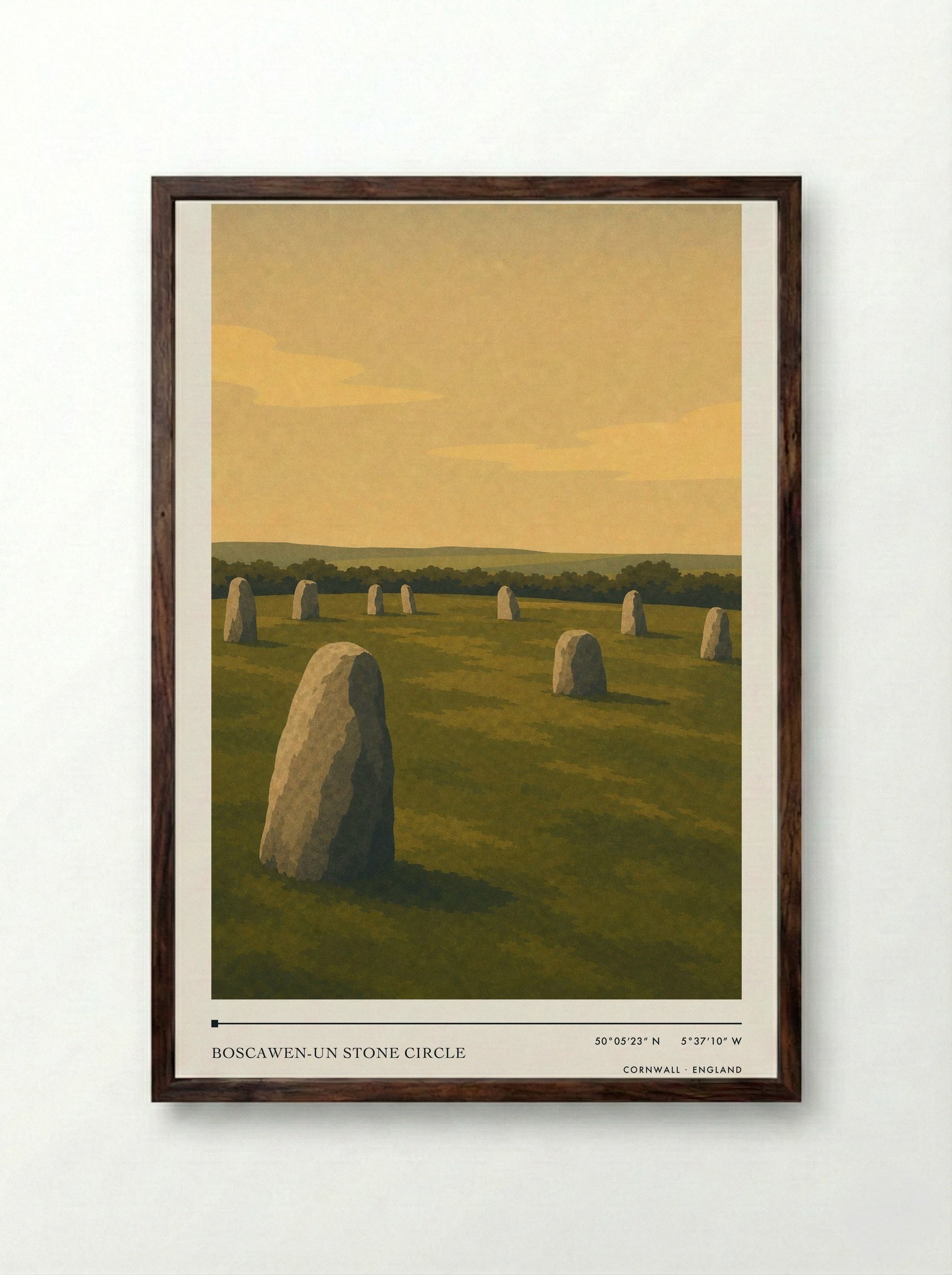Boscawen-un Stone Circle Cornwall England Travel Poster - Framed Print Dark Wood