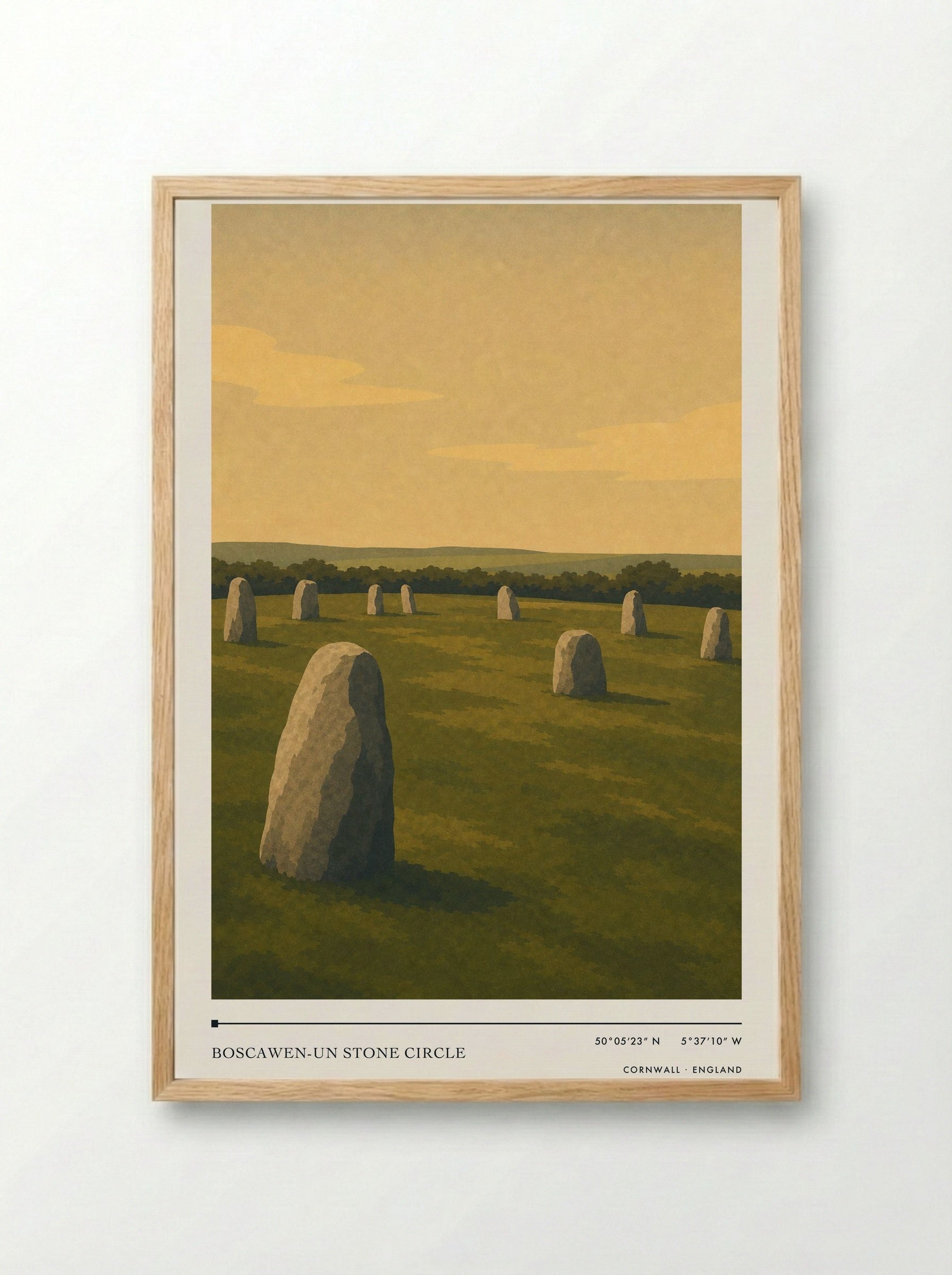 Boscawen-un Stone Circle Cornwall England Travel Poster - Framed Print Wood