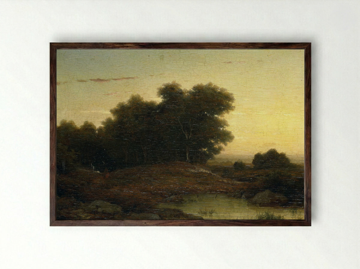Bosgezicht bij zonsondergang - Louwrens Hanedoes - Framed Print Dark Wood