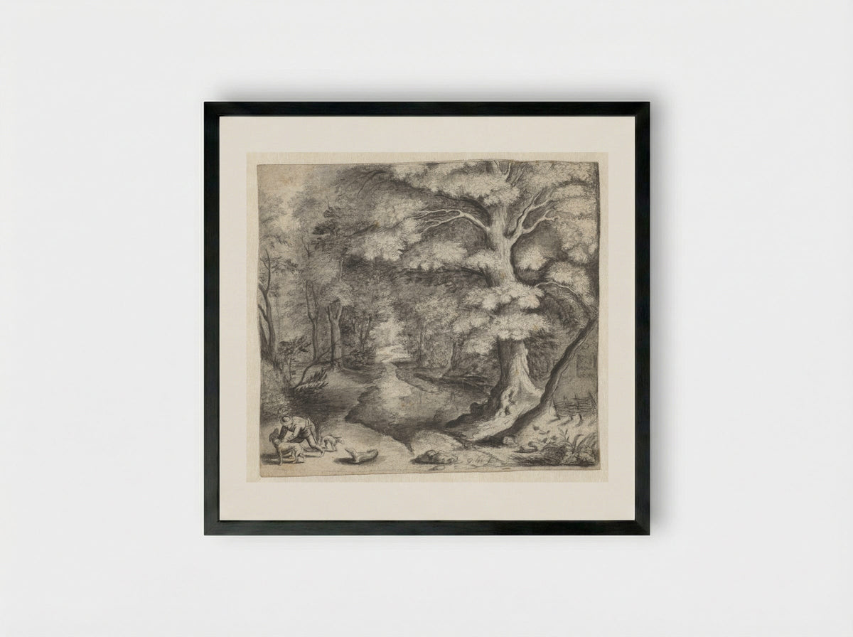 Bosgezicht met een jager met honden - Monogrammist GH - Framed Print Black