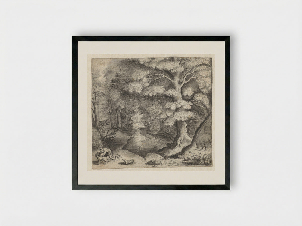 Bosgezicht met een jager met honden - Monogrammist GH - Framed Print Black