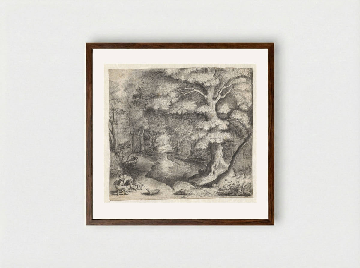 Bosgezicht met een jager met honden - Monogrammist GH - Framed Print Dark Wood