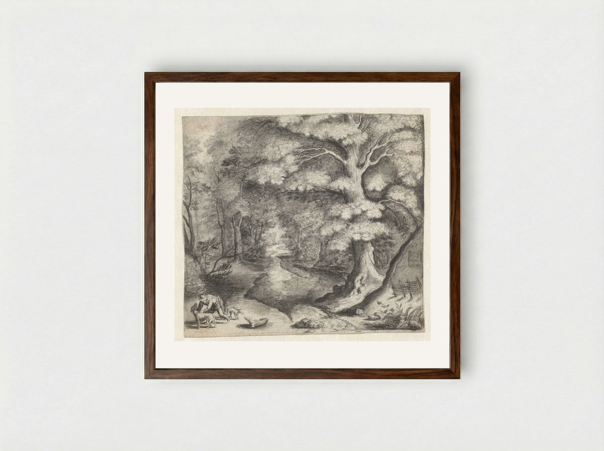Bosgezicht met een jager met honden - Monogrammist GH - Framed Print Dark Wood