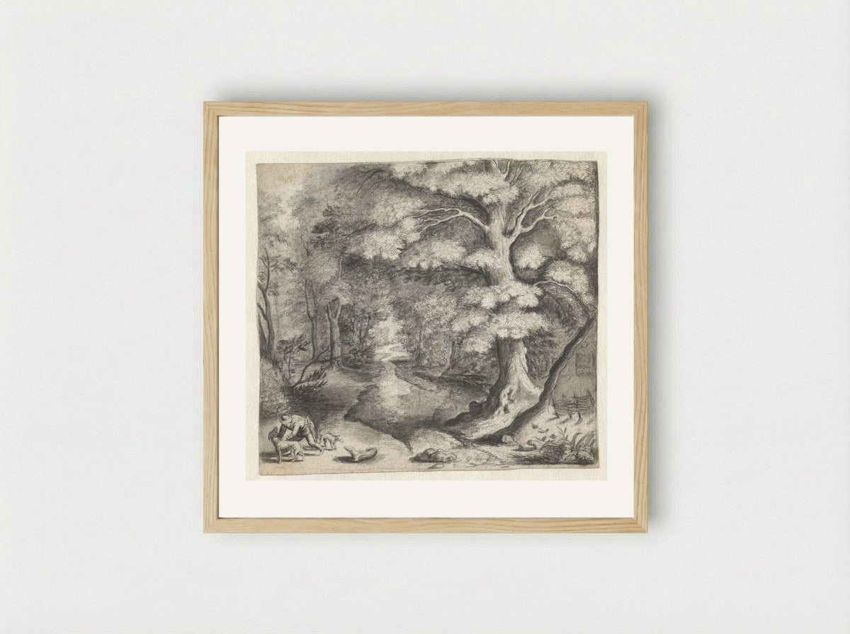 Bosgezicht met een jager met honden - Monogrammist GH - Framed Print Wood