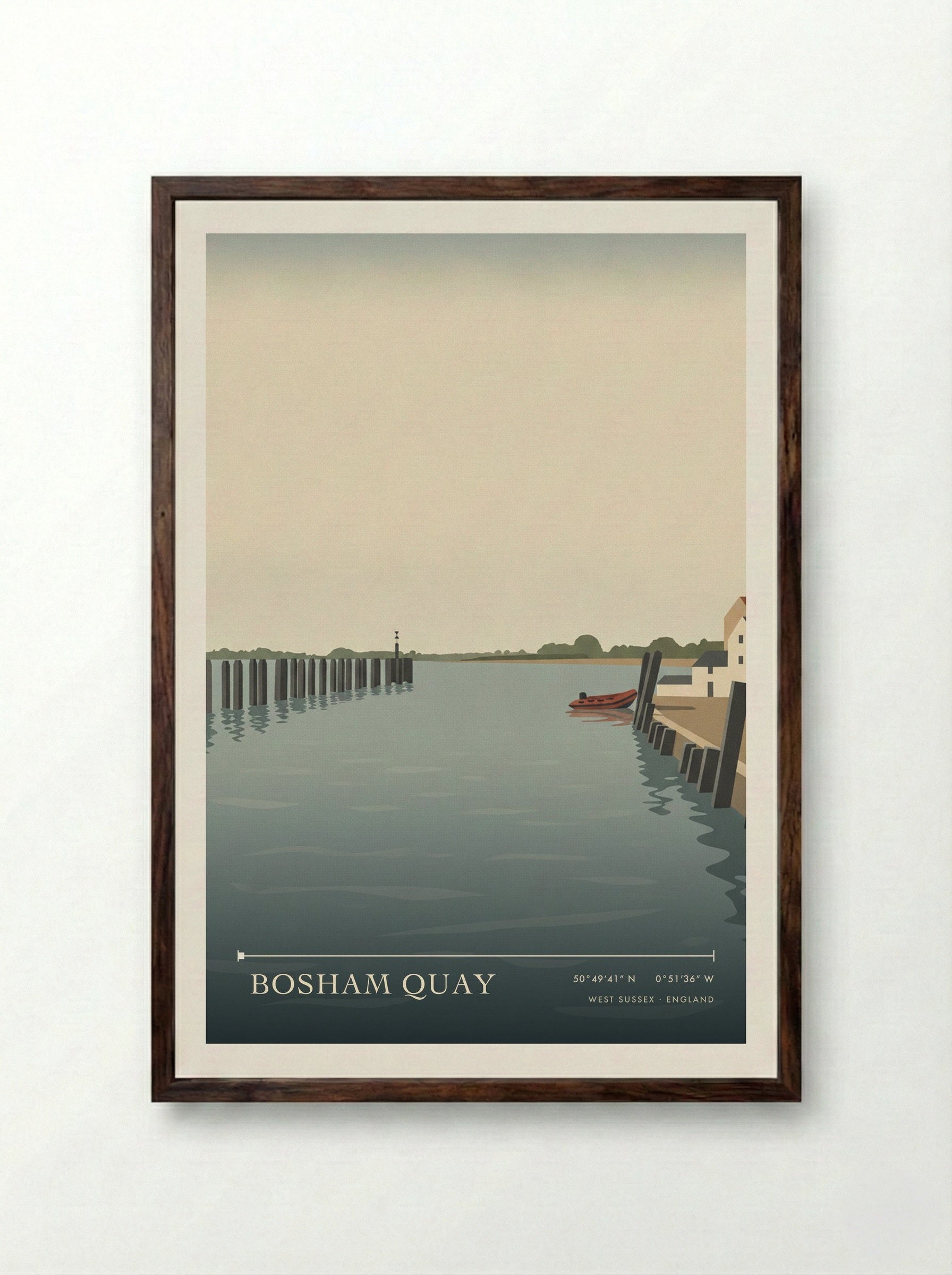 Bosham Quay West Sussex England Travel Poster - Framed Print Dark Wood