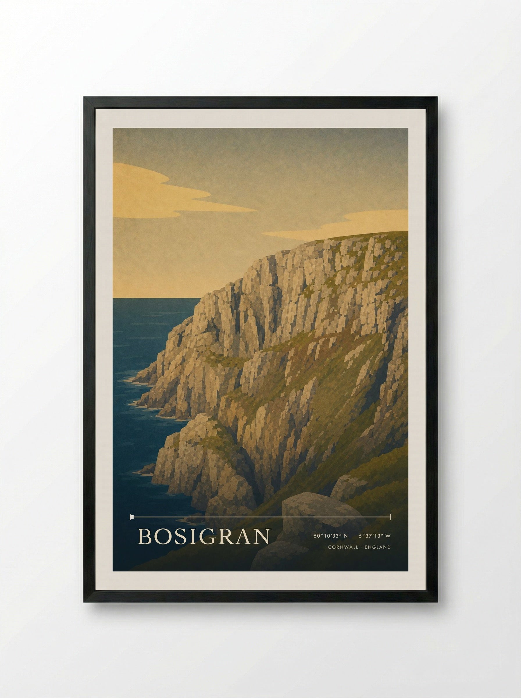 Bosigran Cornwall England Travel Poster - Framed Print Black