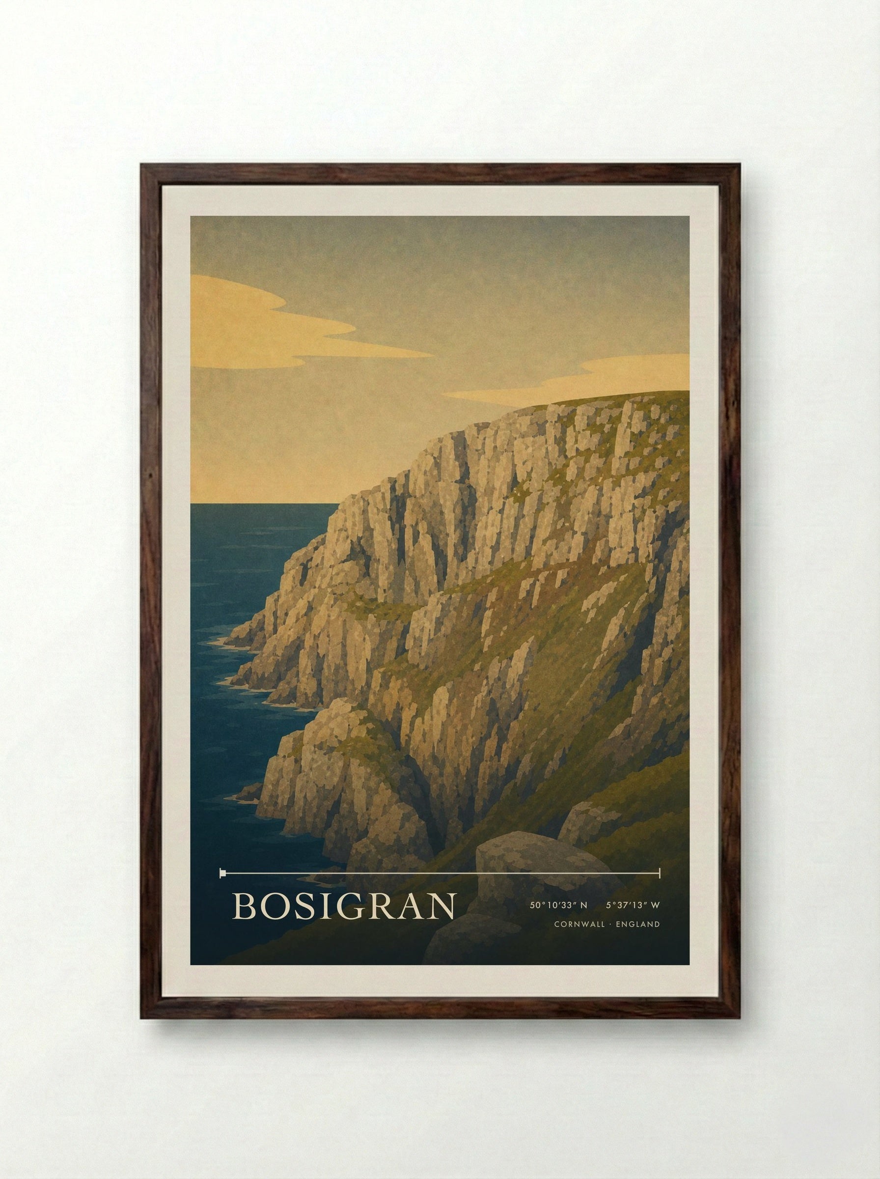 Bosigran Cornwall England Travel Poster - Framed Print Dark Wood