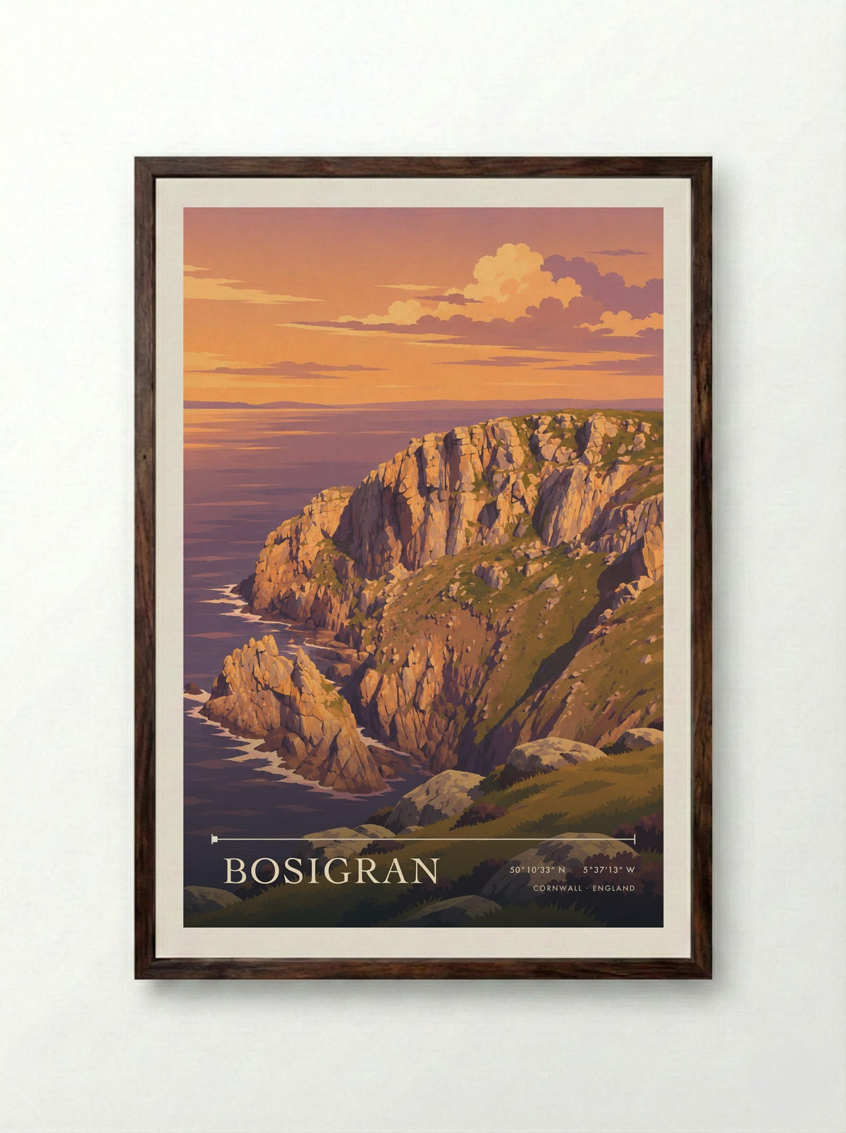 Bosigran, Cornwall | Travel Poster - Framed Print Dark Wood