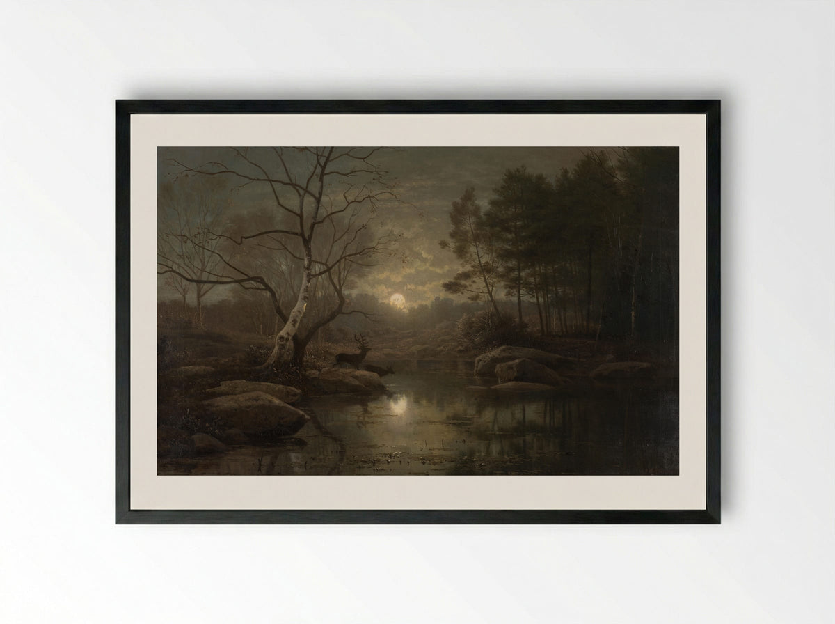 Boslandschap bij maanlicht - Georg Eduard Otto Saal - Framed Print Black