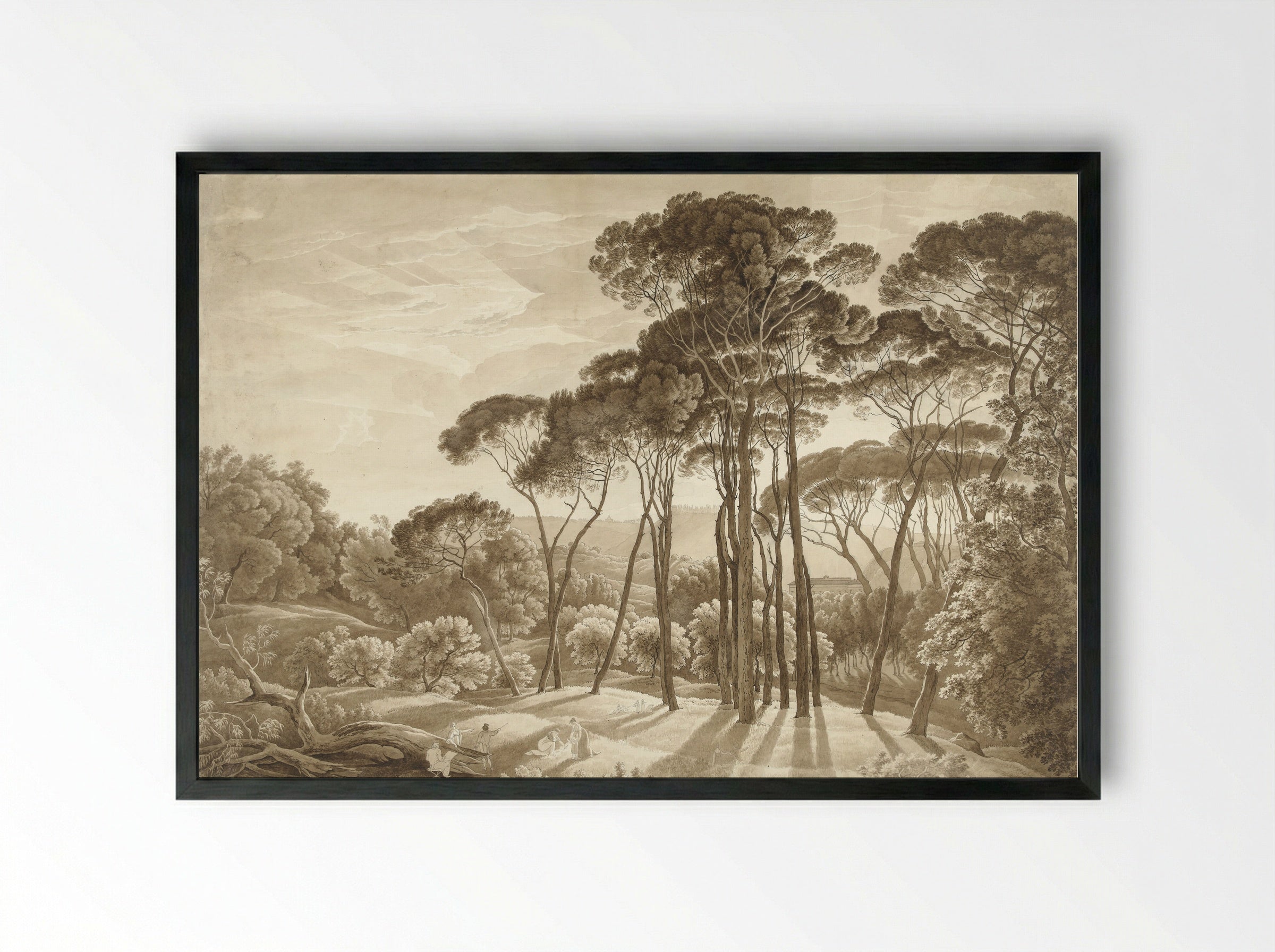 Boslandschap in de omgeving van Rome met ondergaande zon - Hendrik Voogd - Framed Print Black