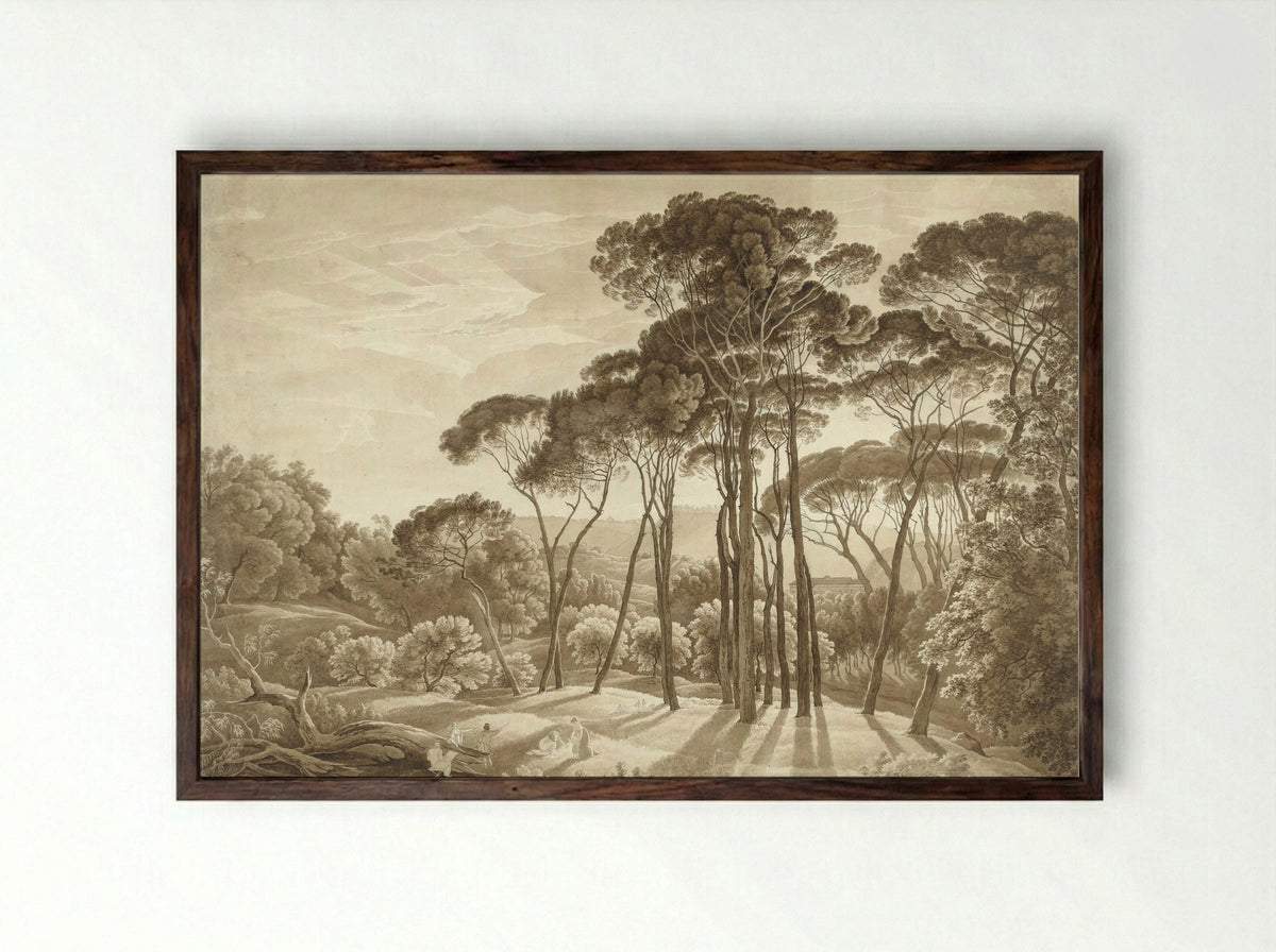 Boslandschap in de omgeving van Rome met ondergaande zon - Hendrik Voogd - Framed Print Dark Wood