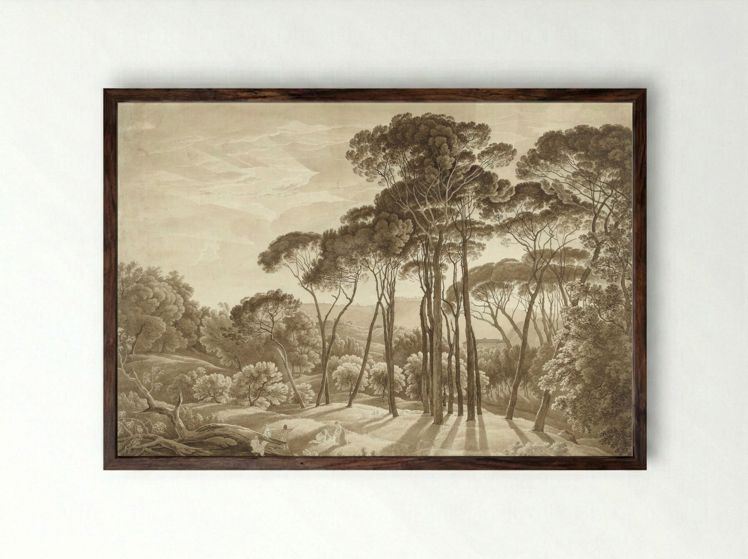 Boslandschap in de omgeving van Rome met ondergaande zon - Hendrik Voogd - Framed Print Dark Wood