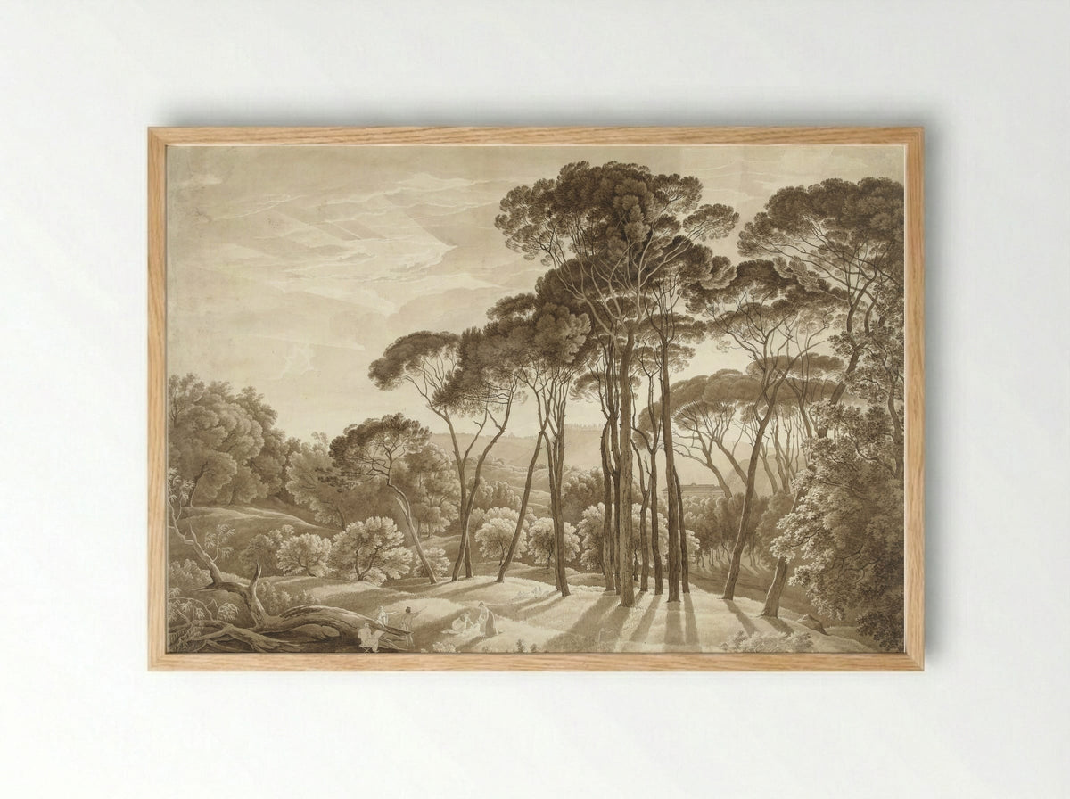 Boslandschap in de omgeving van Rome met ondergaande zon - Hendrik Voogd - Framed Print Wood
