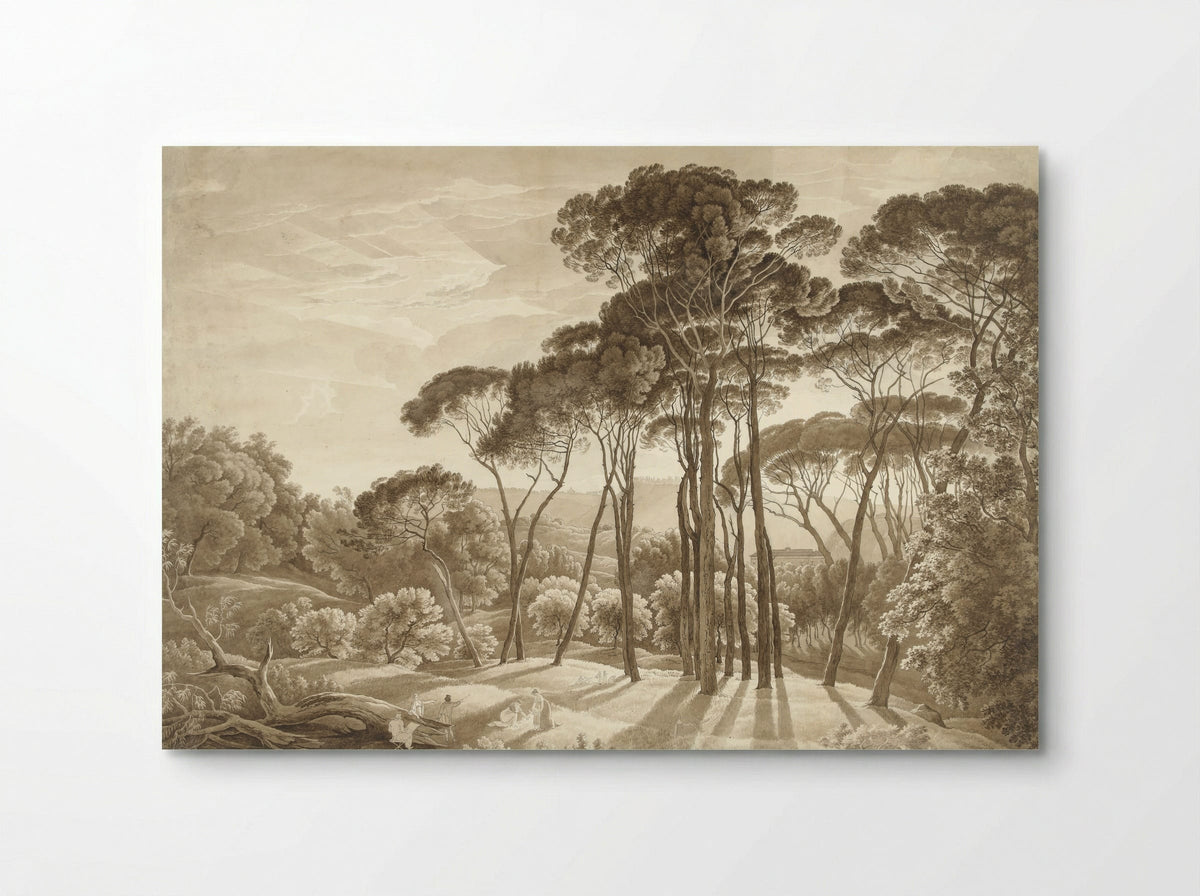 Boslandschap in de omgeving van Rome met ondergaande zon - Hendrik Voogd - Poster