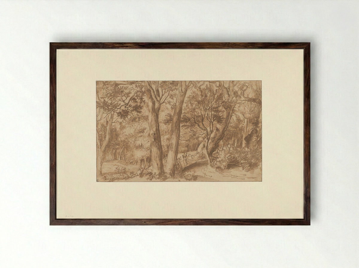 Boslandschap met een hert - Jan Lievens - Framed Print Dark Wood