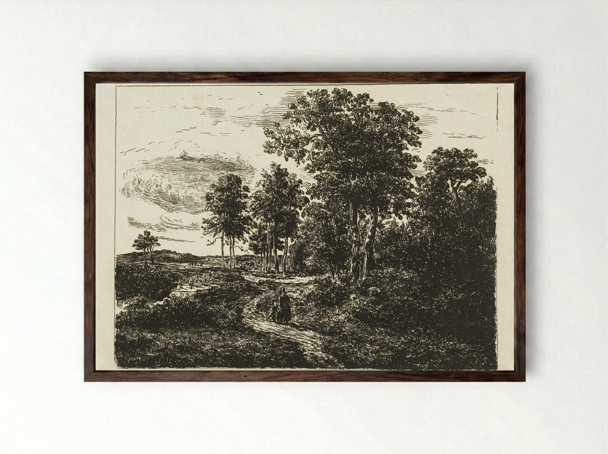 Boslandschap met vrouw en jongen op weg - Johannes Adrianus van der Drift - Framed Print Dark Wood