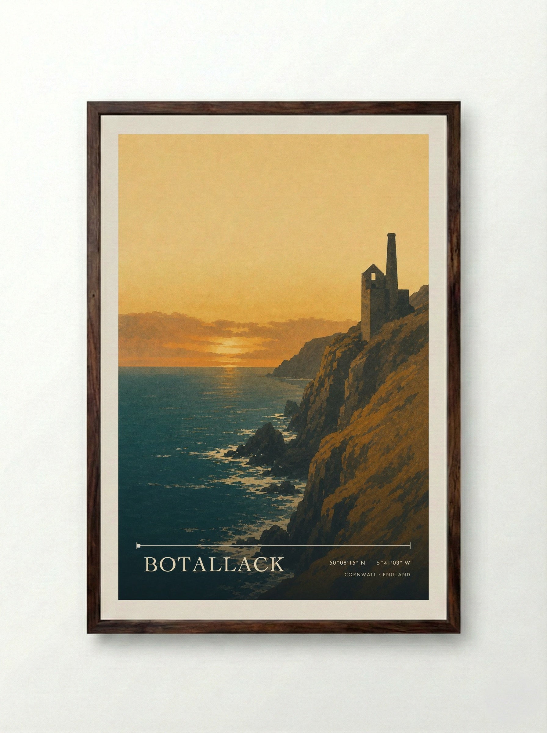Botallack Cornwall England Travel Poster - Framed Print Dark Wood