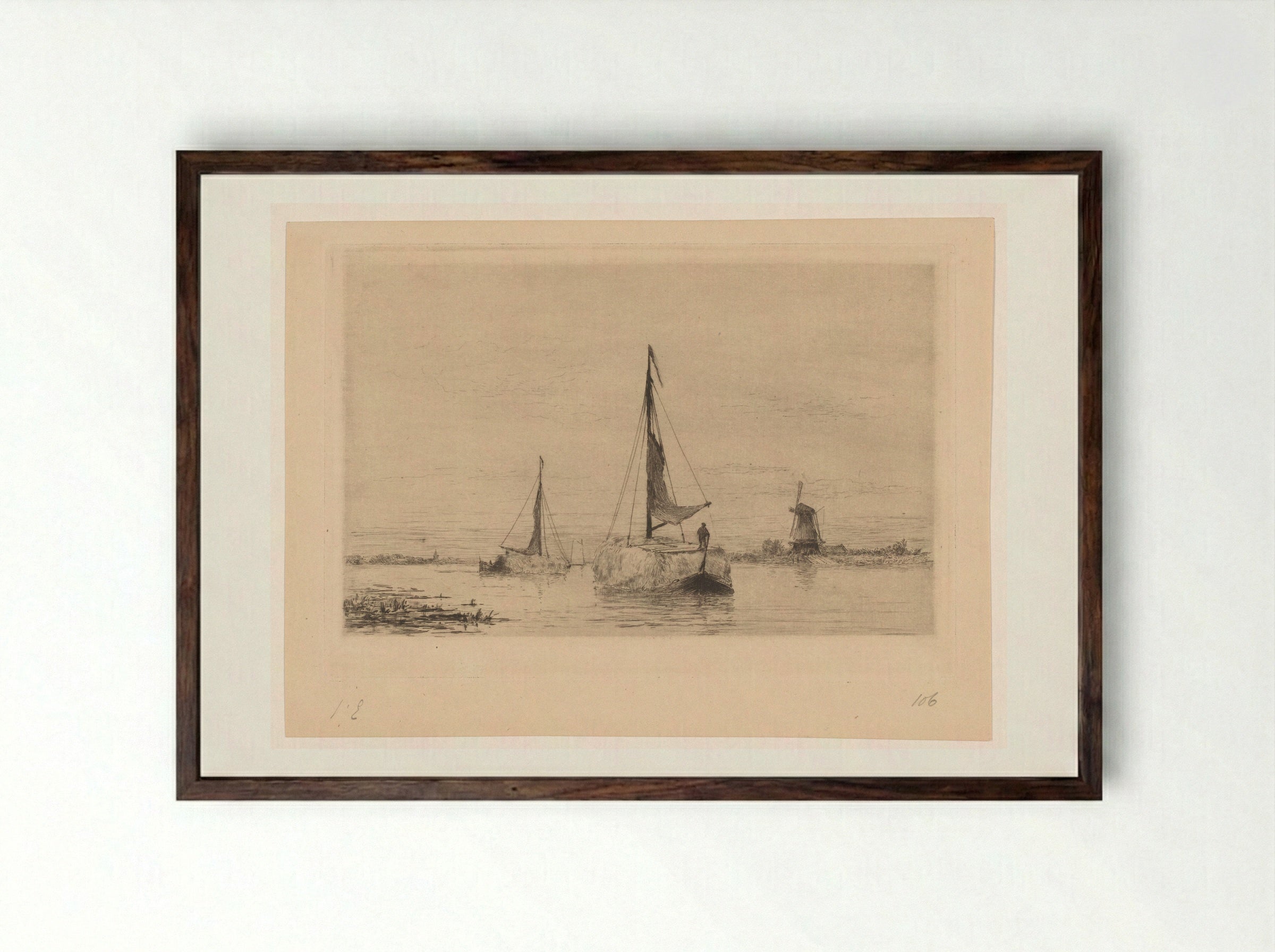 Boten met hooi op de Vecht bij Weesp - Carel Nicolaas Storm van 's-Gravesande - Framed Print Dark Wood