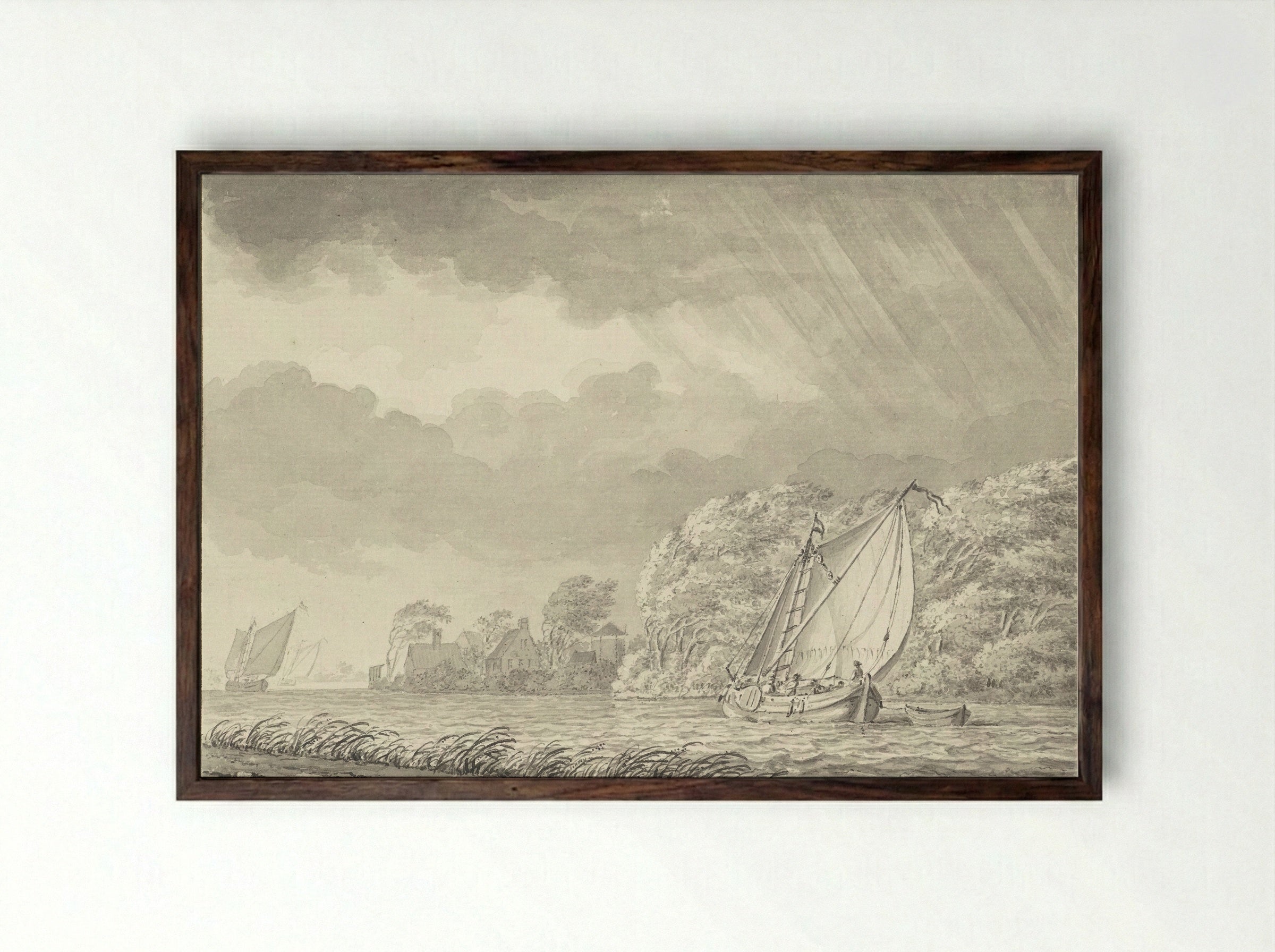 Boten op water met naderend onweer - Johann Goll van Frankenstein (I) - Framed Print Dark Wood