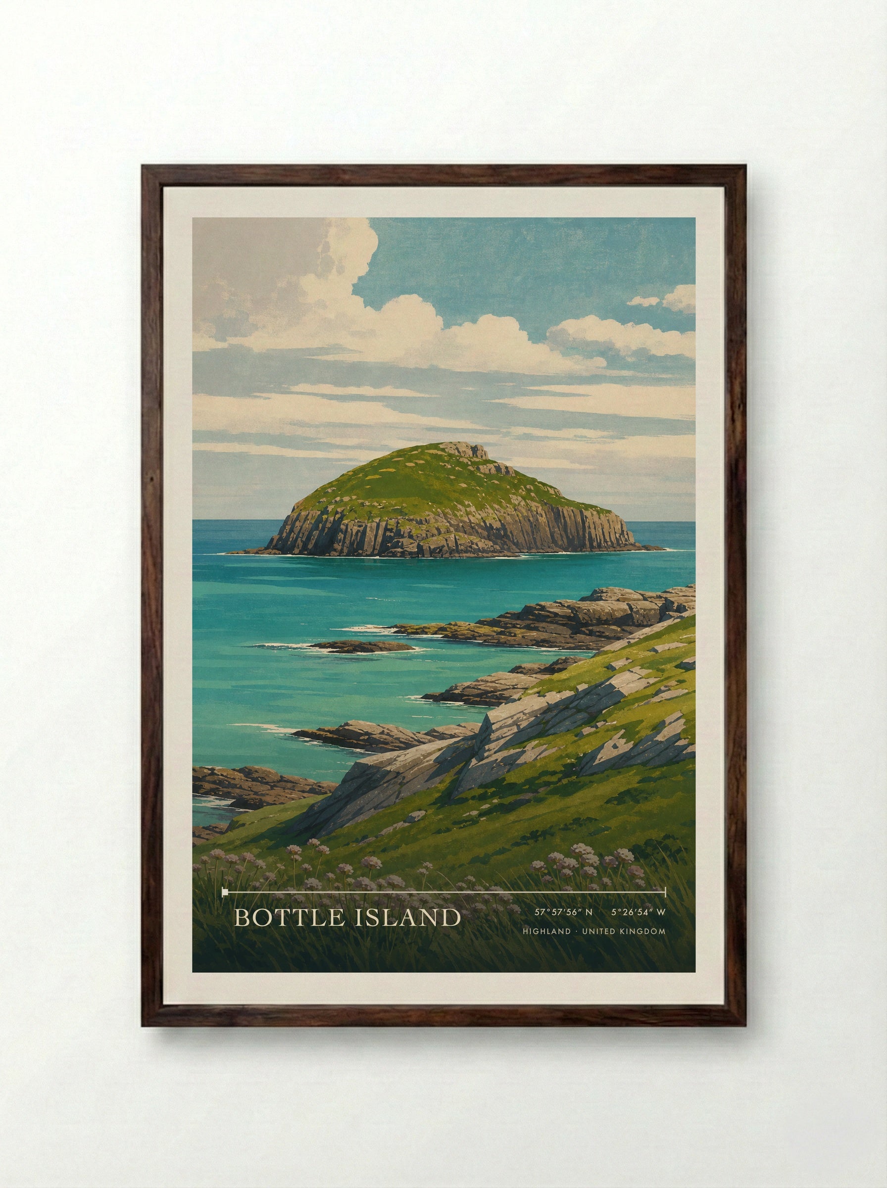 Bottle Island Highland United Kingdom Travel Poster - Framed Print Dark Wood