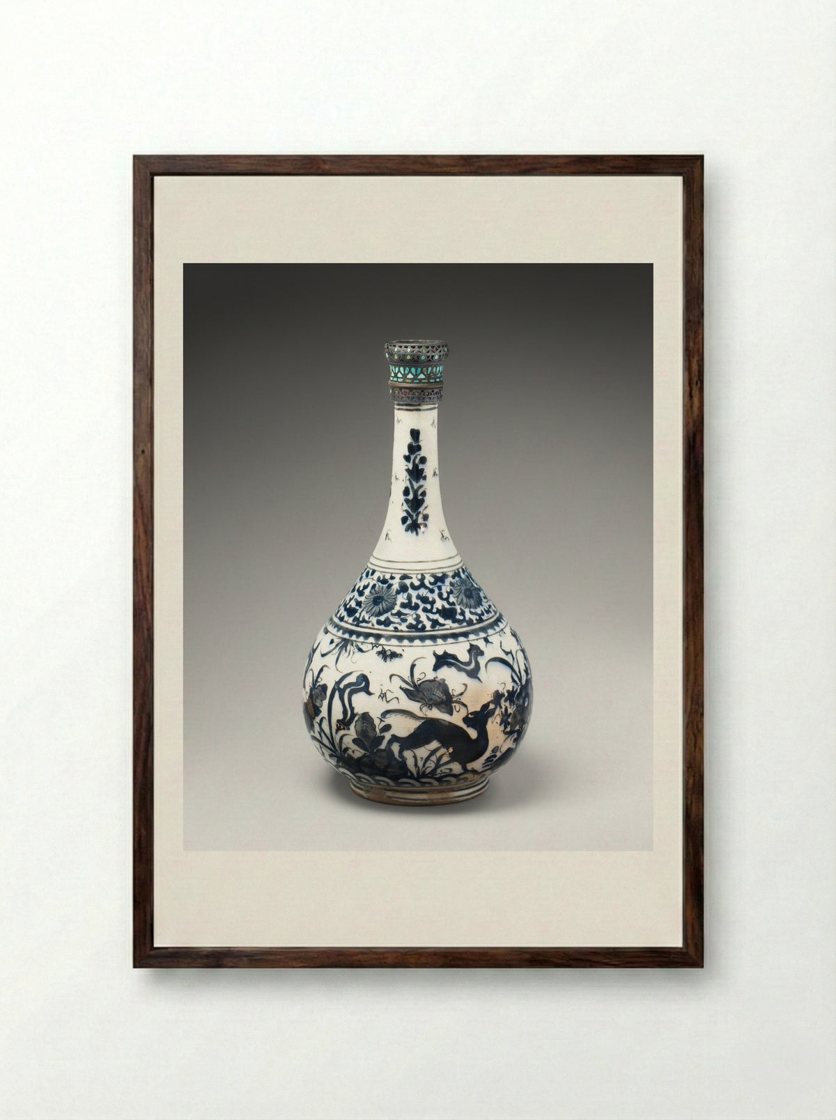Bottle with Deer in Landscape - Unknown Artist - Framed Print Dark Wood