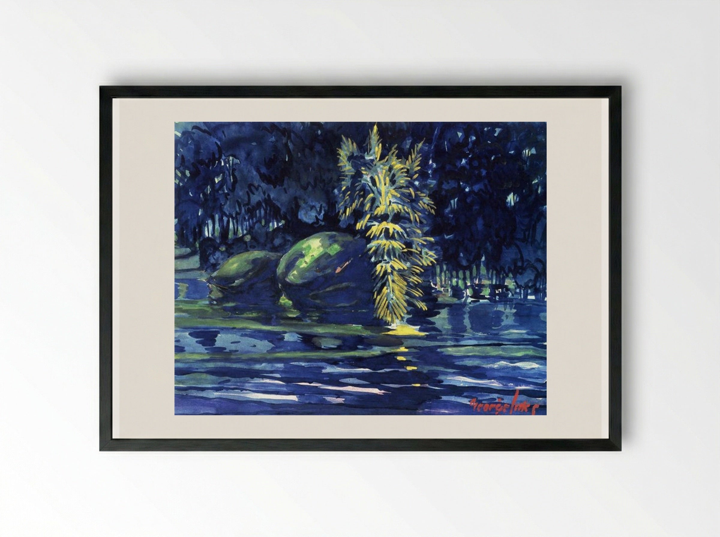 Boulders on a Riverbank - George Luks - Framed Print Black