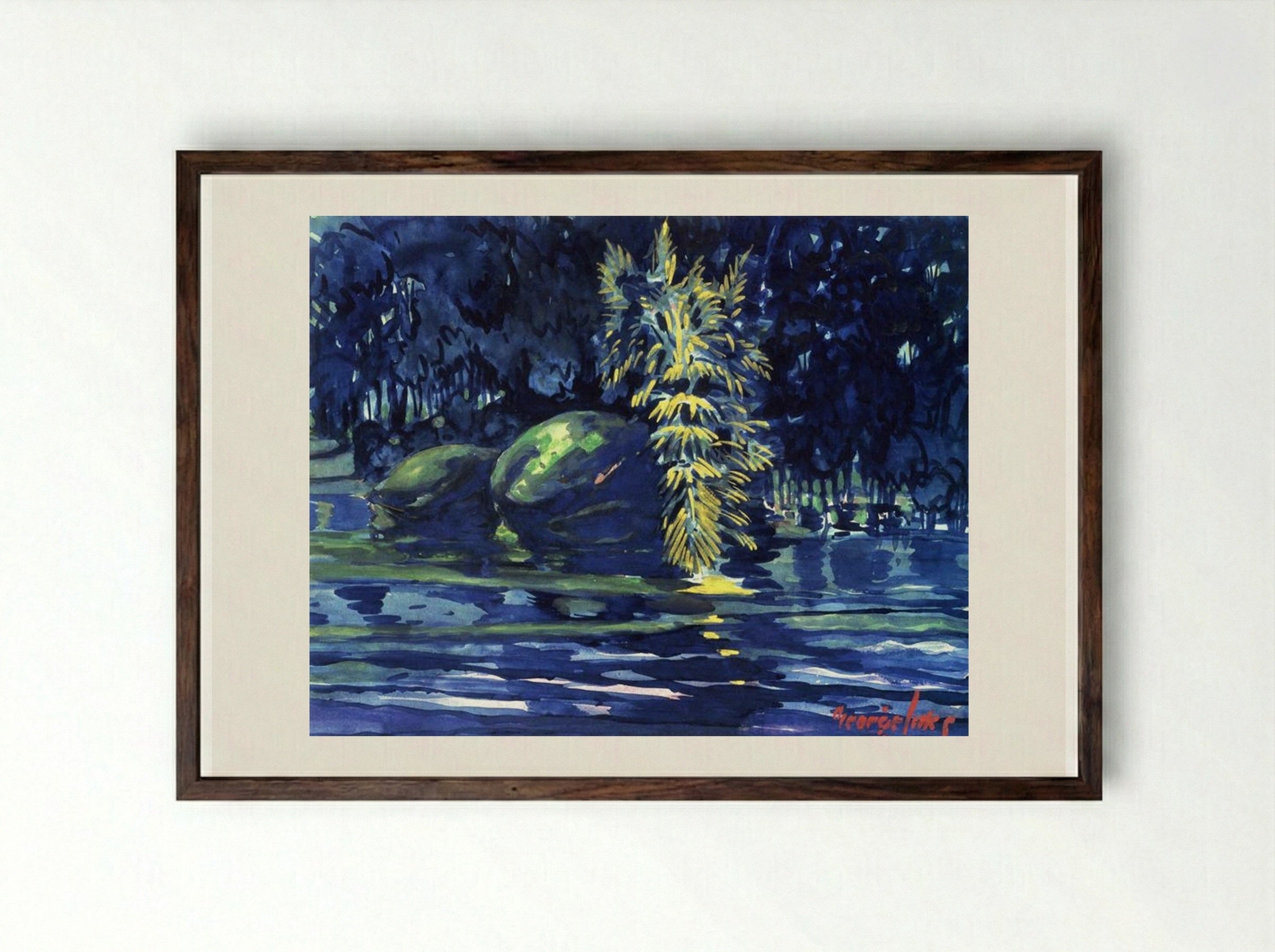 Boulders on a Riverbank - George Luks - Framed Print Dark Wood