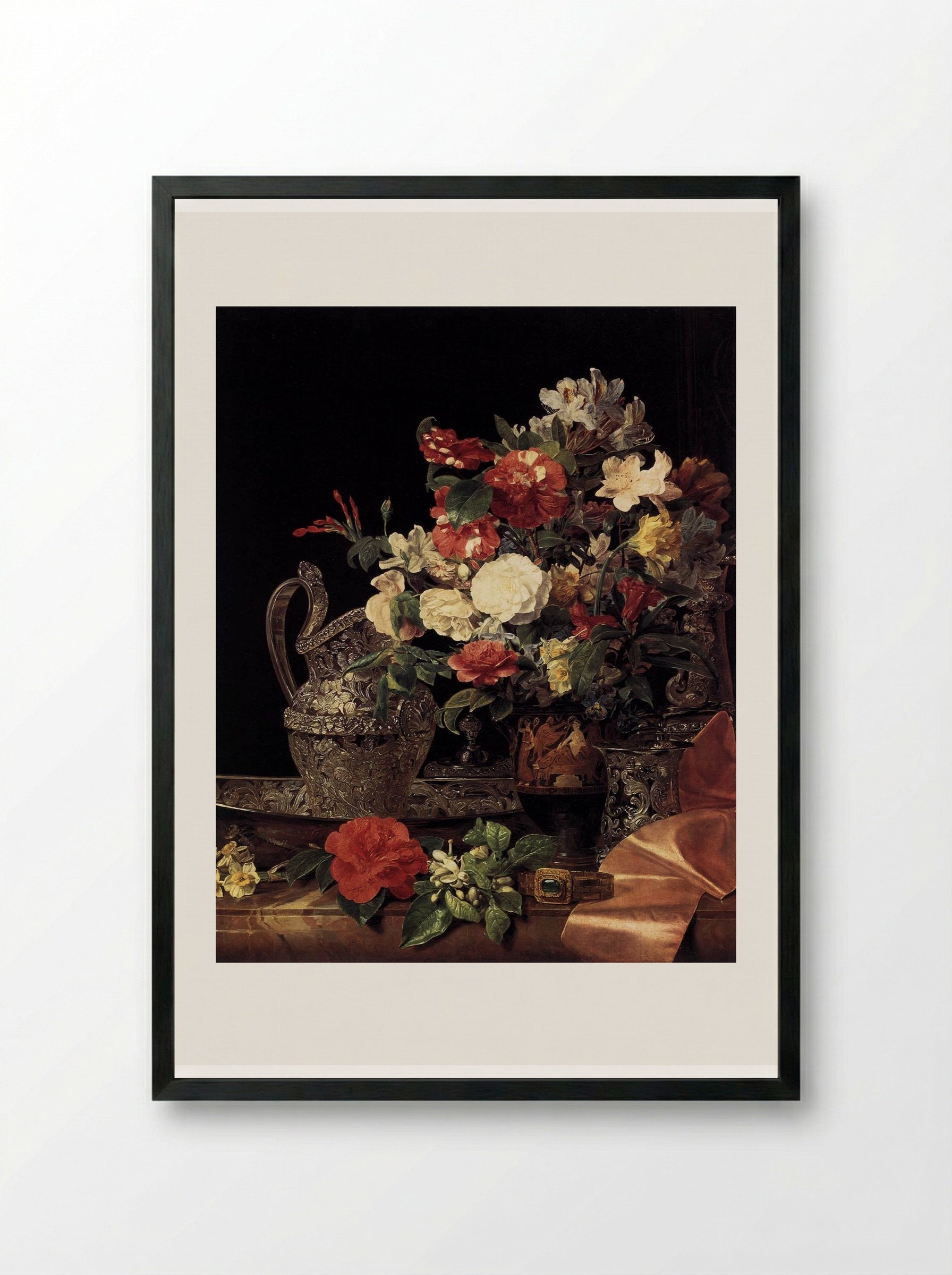 Bouquet in an Attic Bell Crater - Ferdinand Georg Waldmüller - Framed Print Black