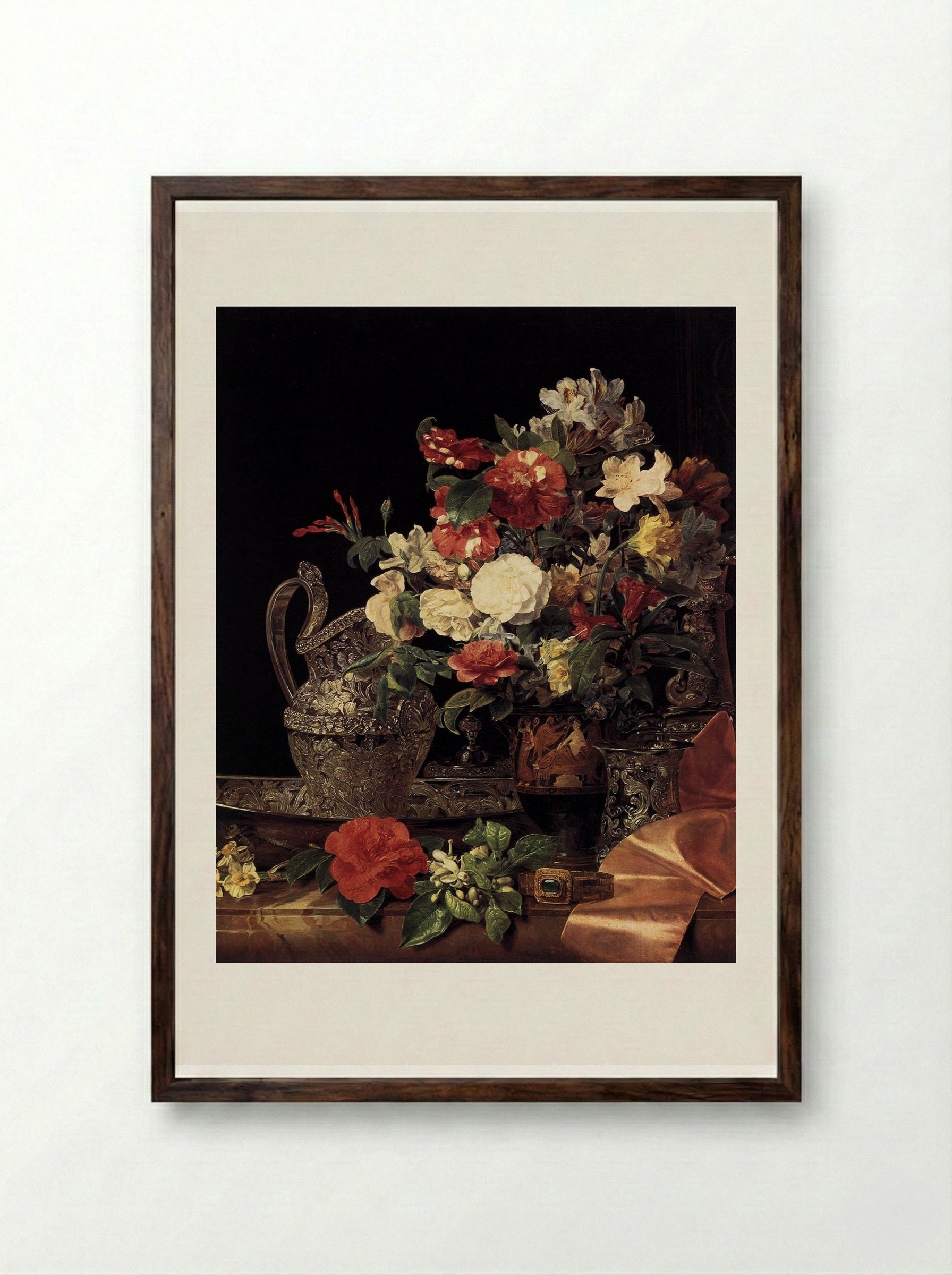 Bouquet in an Attic Bell Crater - Ferdinand Georg Waldmüller - Framed Print Dark Wood