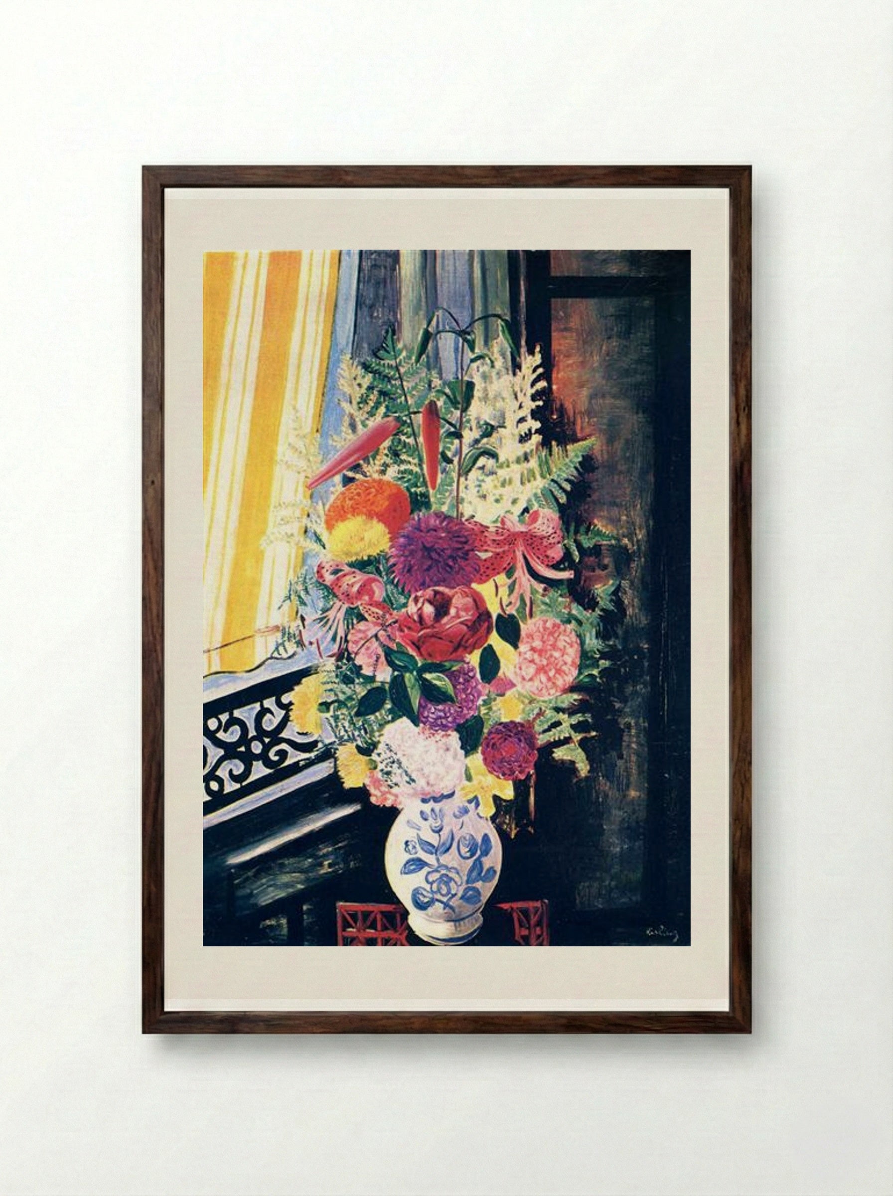 Bouquet of Flowers in a Blue and White Vase - Moïse Kisling - Framed Print Dark Wood