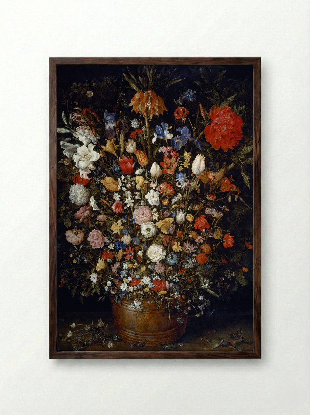Bouquet of Flowers in a Wooden Vessel - Jan Brueghel the Elder - Framed Print Dark Wood