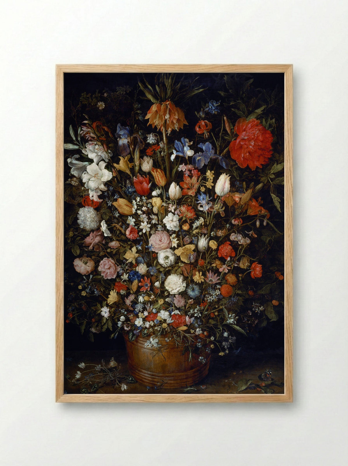 Bouquet of Flowers in a Wooden Vessel - Jan Brueghel the Elder - Framed Print Wood