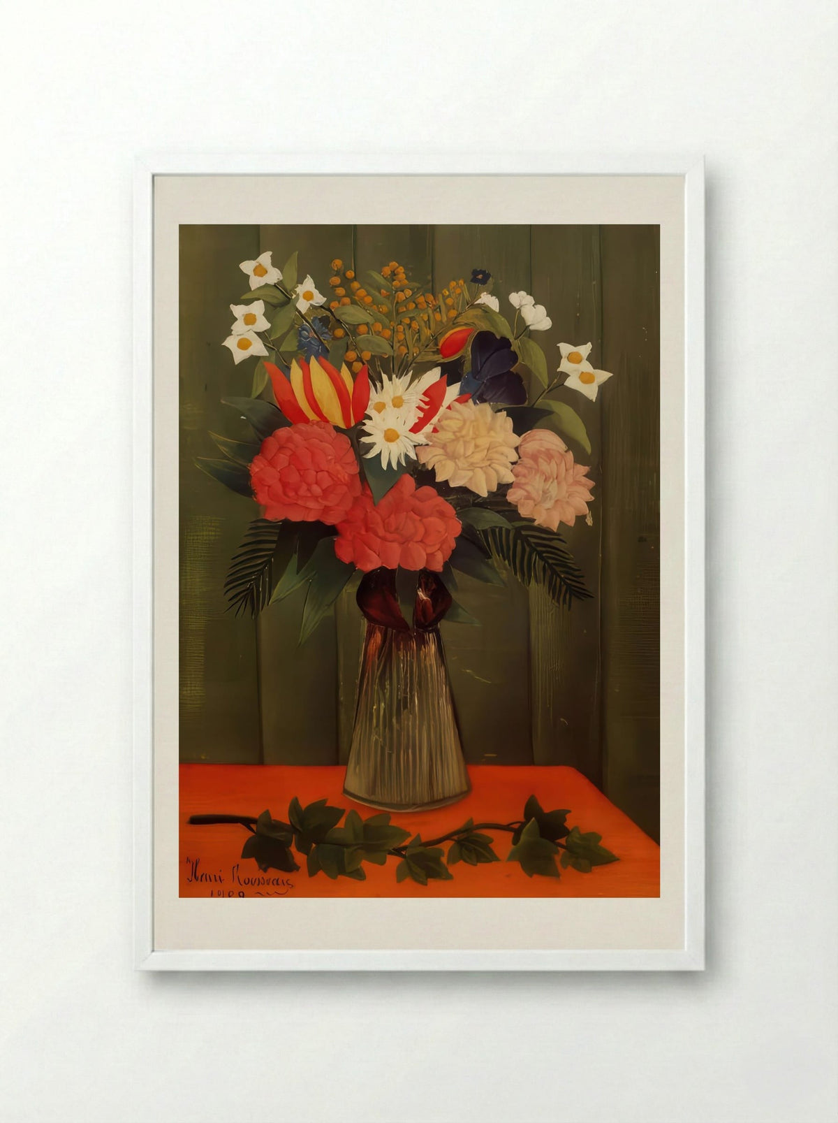 Bouquet of Flowers with Ivy Branch by Henri Rousseau – Vintage Botanical Still Life Print - Framed Print White