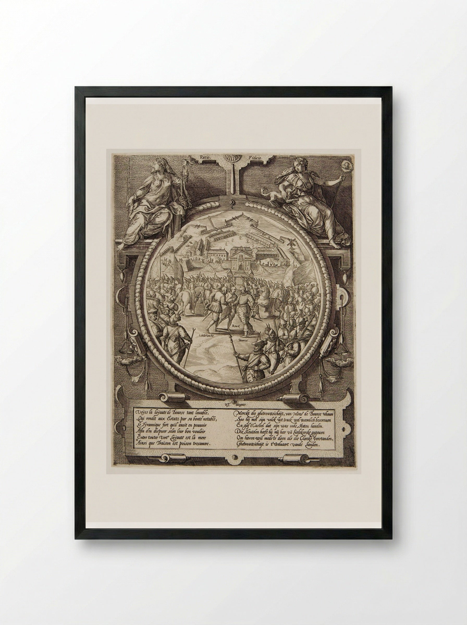 Boursse Handing Over the Keys of the Citadel to Liedekercke, 23 VIII 1577 - Johannes Wierix - Framed Print Black