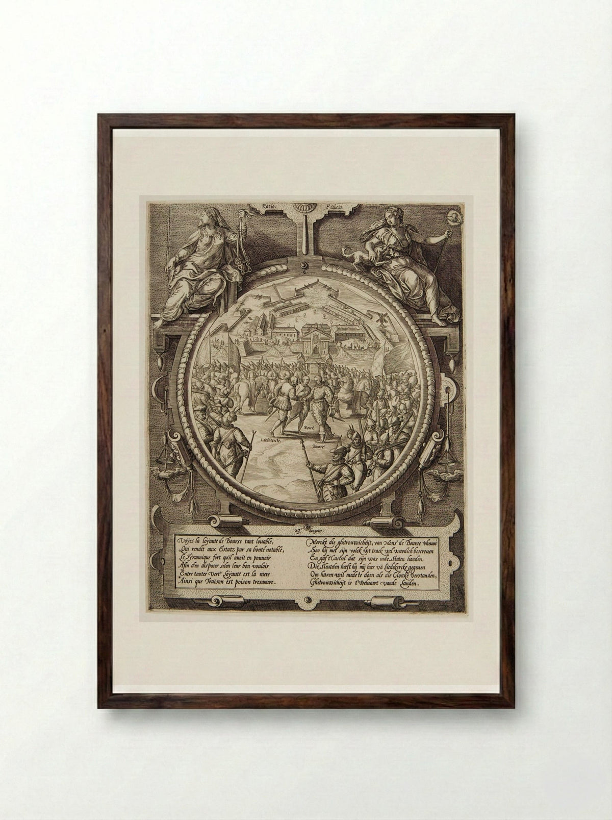 Boursse Handing Over the Keys of the Citadel to Liedekercke, 23 VIII 1577 - Johannes Wierix - Framed Print Dark Wood