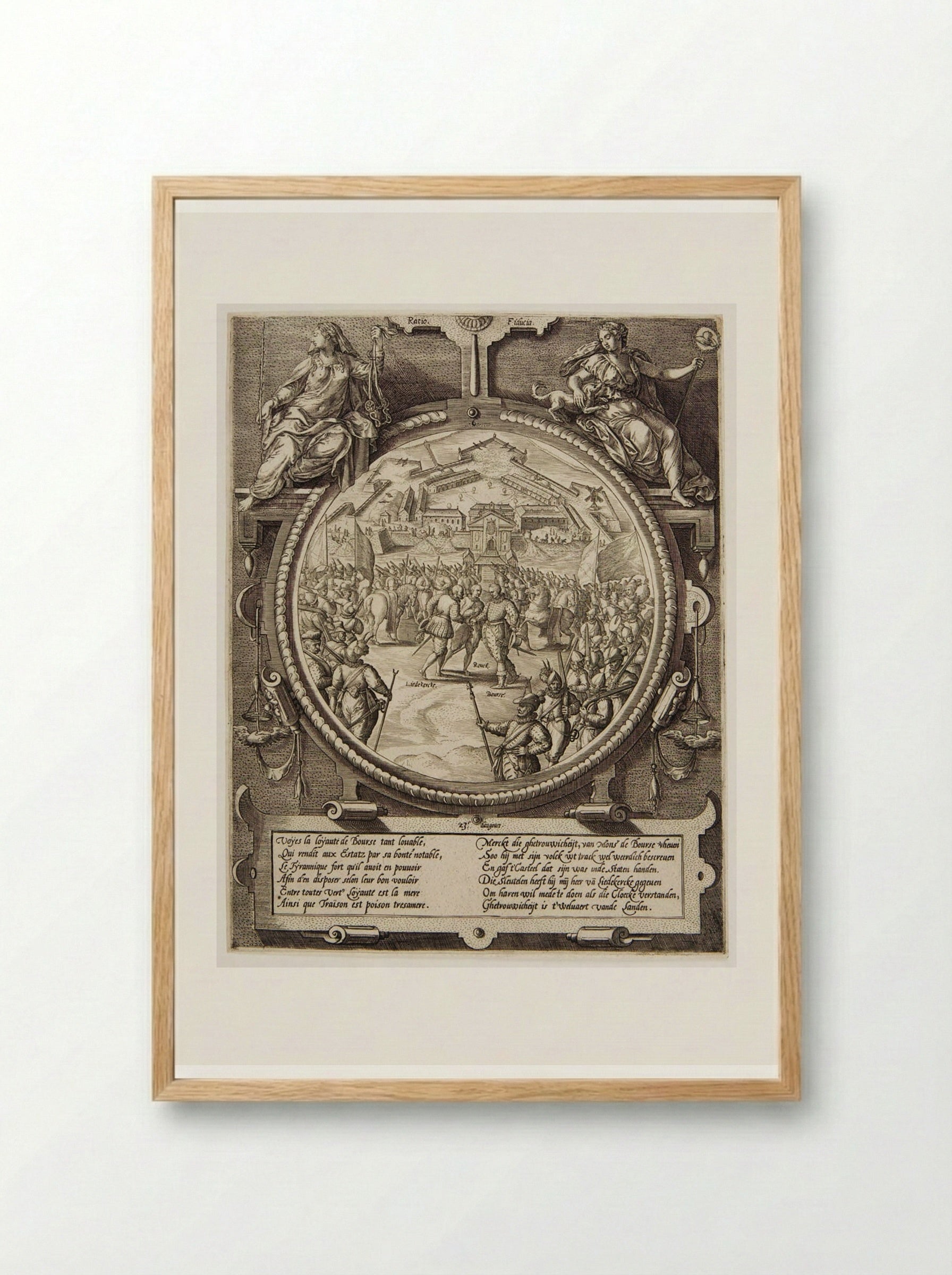 Boursse Handing Over the Keys of the Citadel to Liedekercke, 23 VIII 1577 - Johannes Wierix - Framed Print Wood