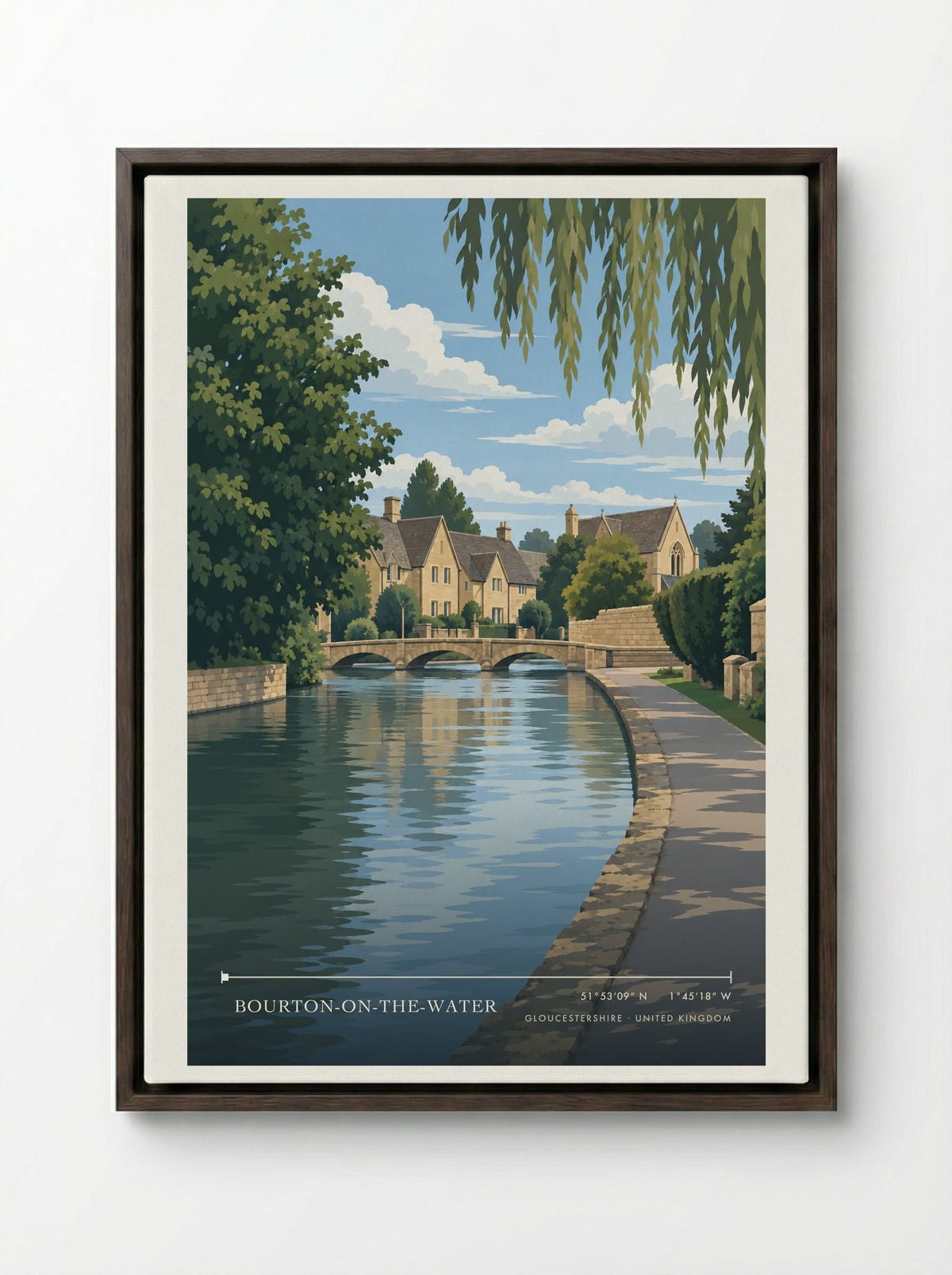 Bourton-on-the-Water, Gloucestershire | Travel Poster - Framed Canvas Dark Wood