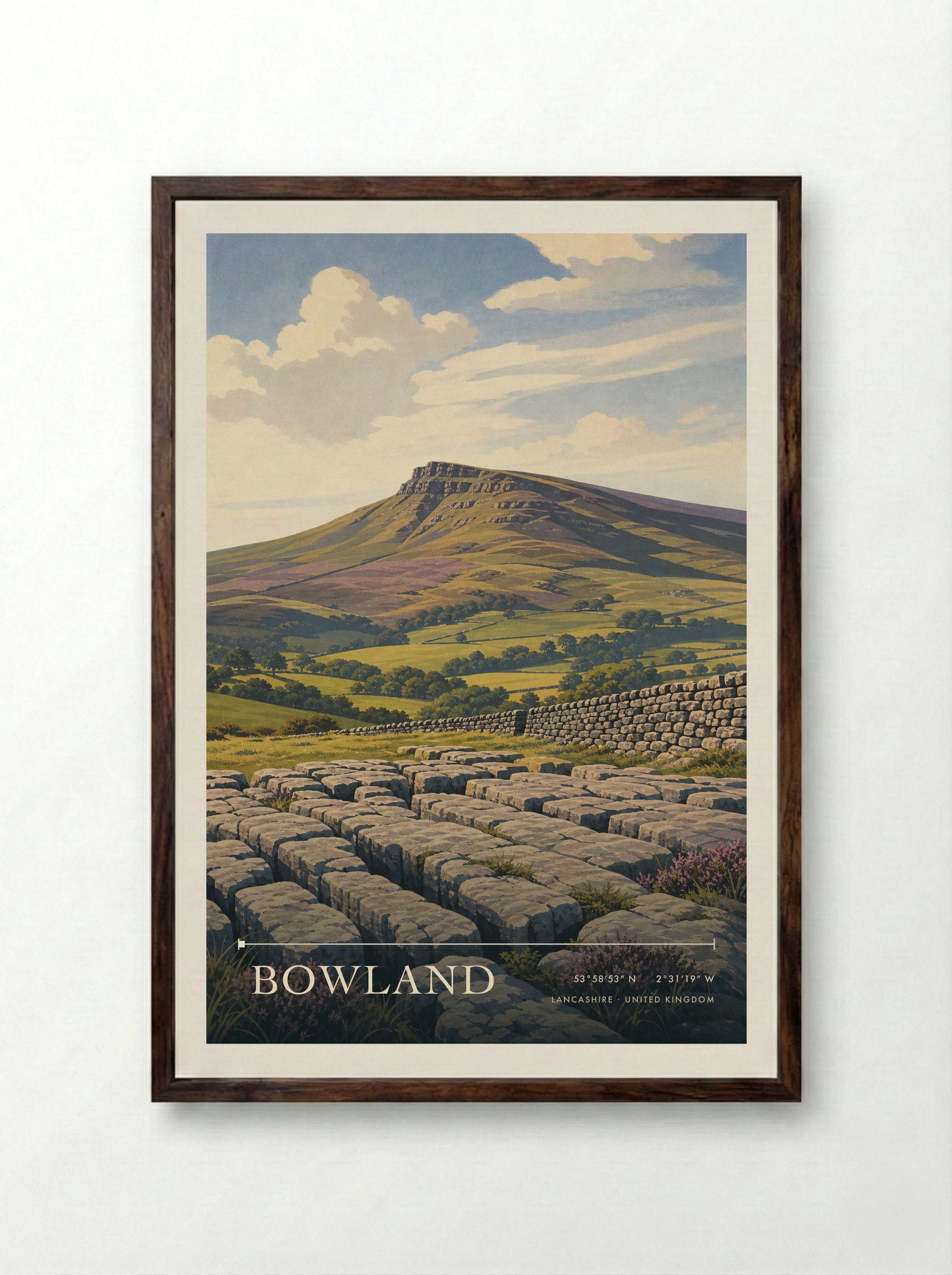 Bowland Lancashire United Kingdom Travel Poster - Framed Print Dark Wood